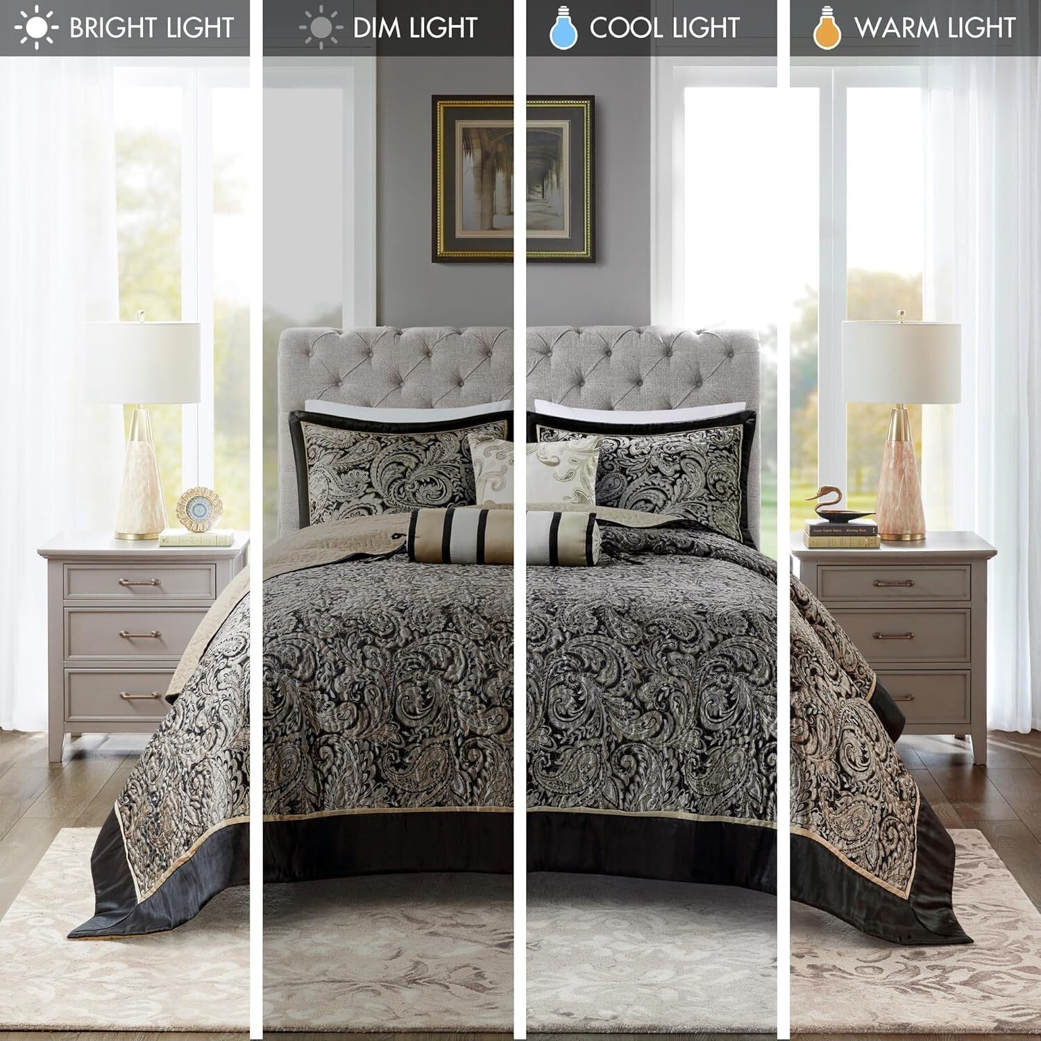 5-Piece Black Quilted Bedding Set with Decorative Pillows - All Season Comfort