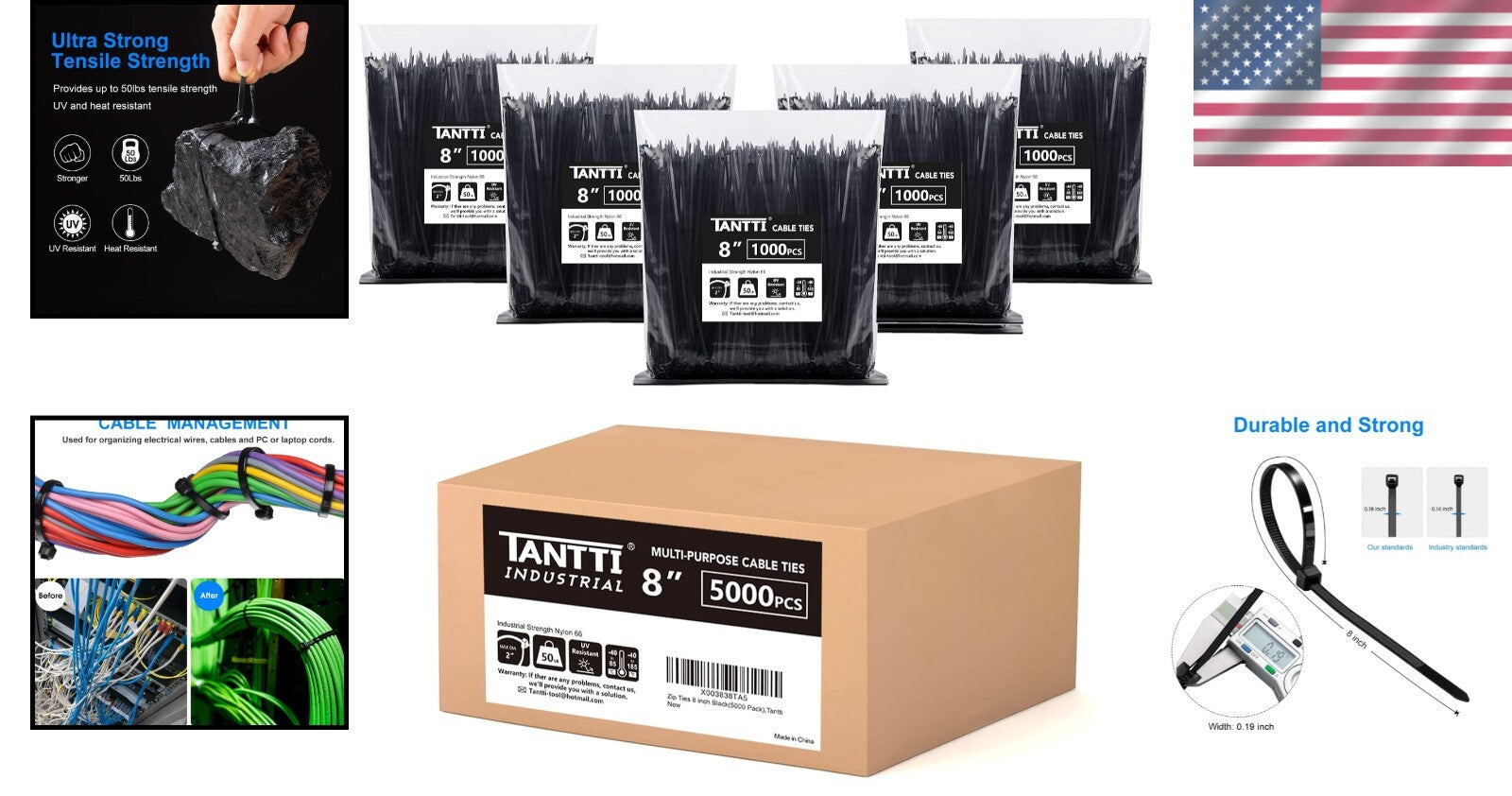 Professional Grade 8 Inch Black Zip Ties - 5000 Pack, 50lb Tensile Strength