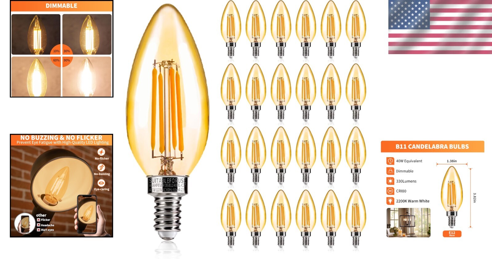 Energy-Saving 4W E12 LED Candelabra Bulbs - 40W Equivalent, 24 Soft White Lights