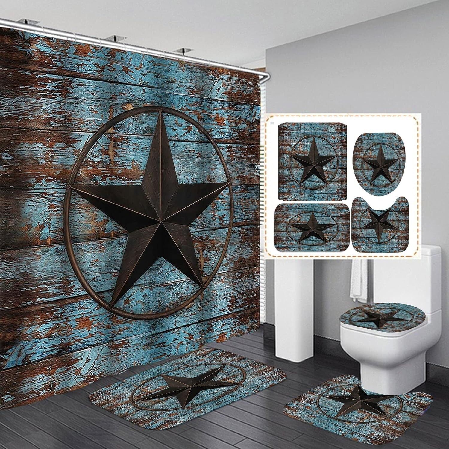 Stylish Texas Star Fabric Shower Curtain with 3 Non-Slip Mats – 4PC Bathroom Set
