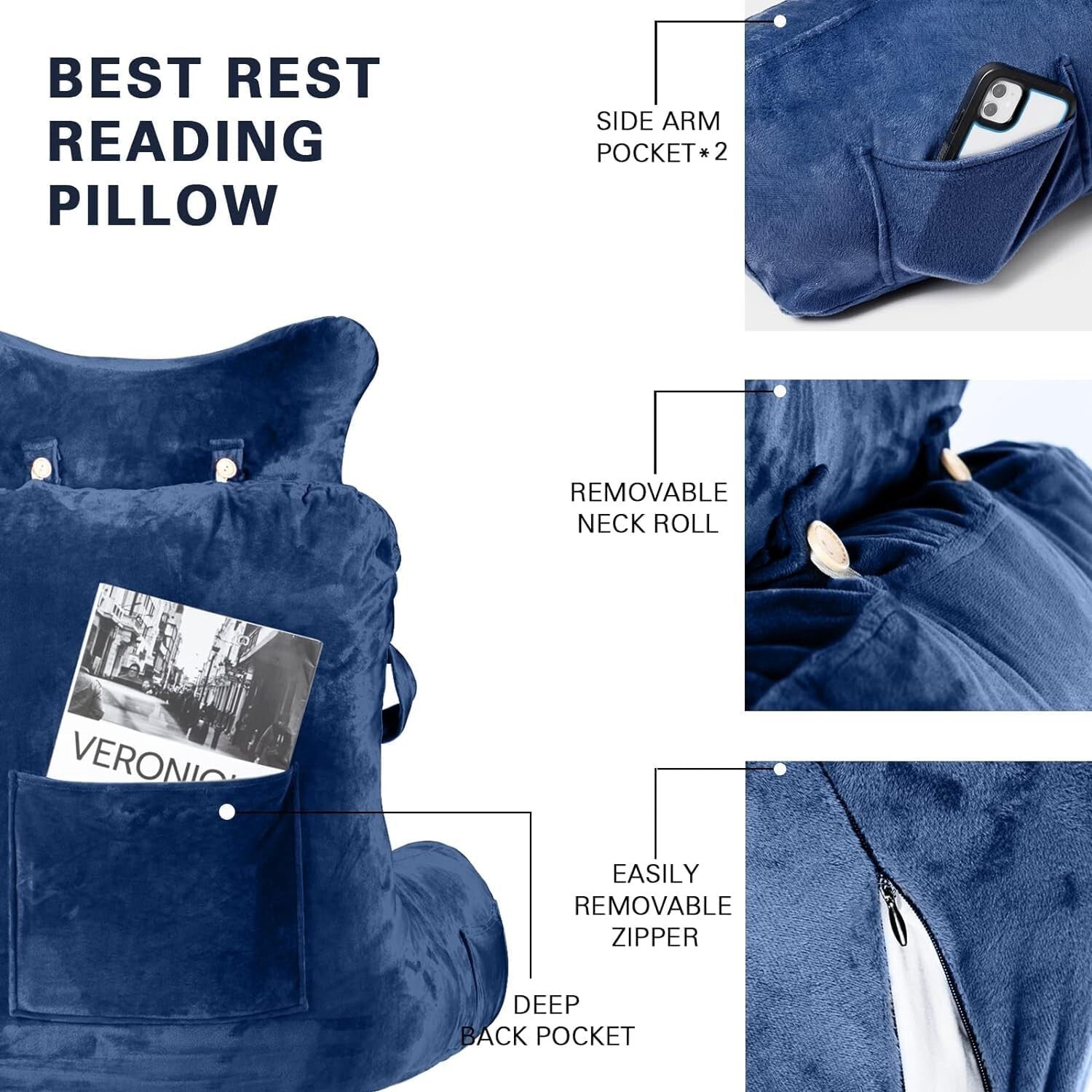 Extra Large 31'' Reading Pillow - Deluxe Backrest with Neck Roll & Arm Support