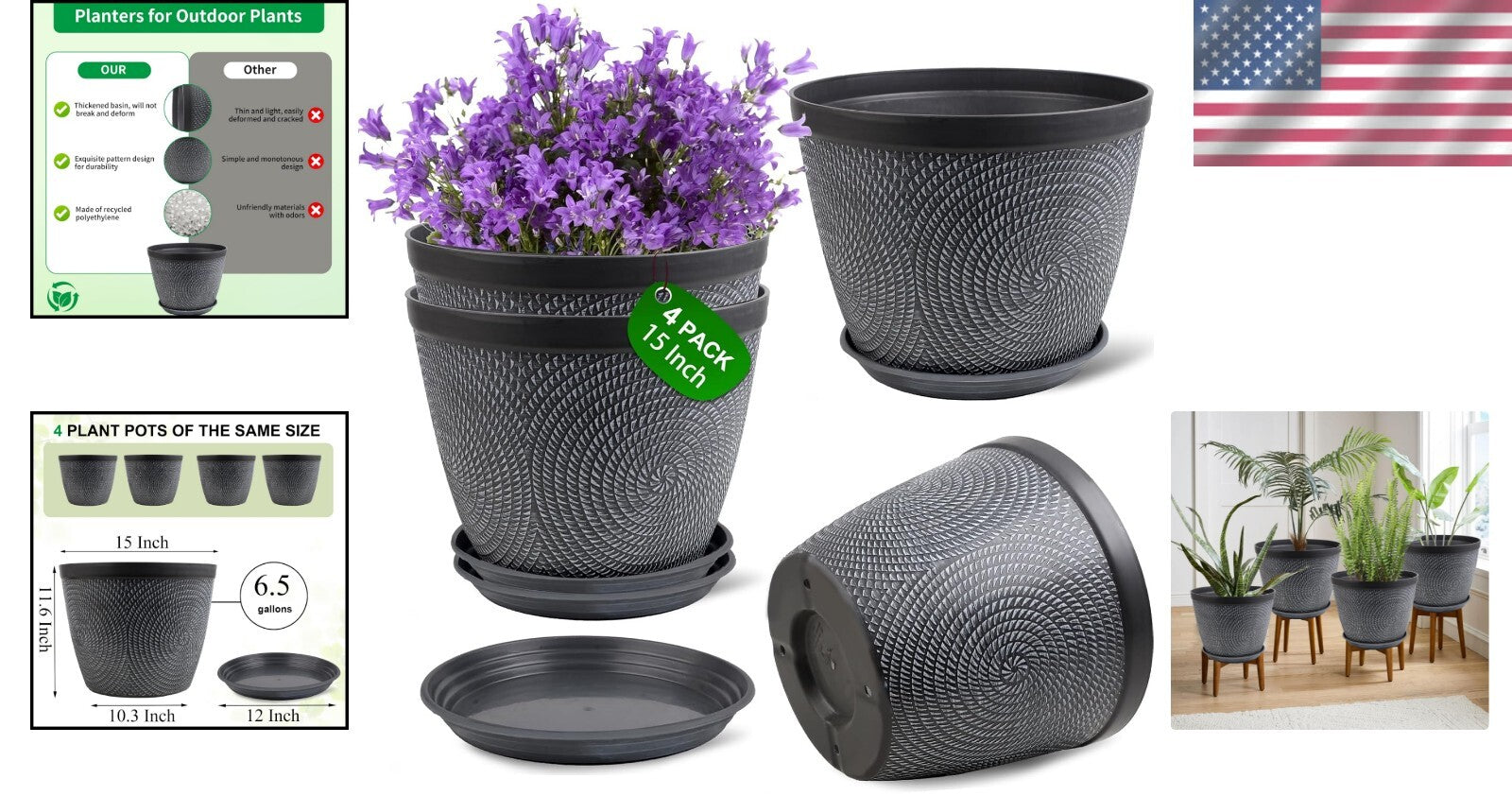 15-Inch Stylish Gray Planters with Trays - Perfect for Indoor & Outdoor Plants