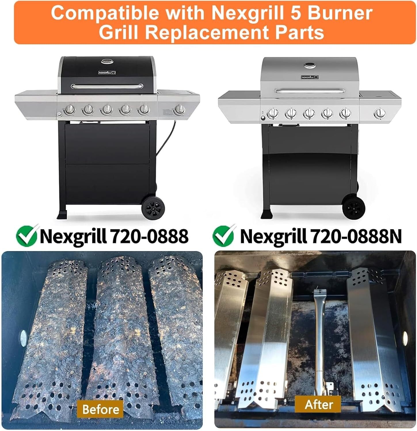 Nexgrill Replacement Parts Kit: Stainless Steel Burners & Heat Plates, 5 Pack