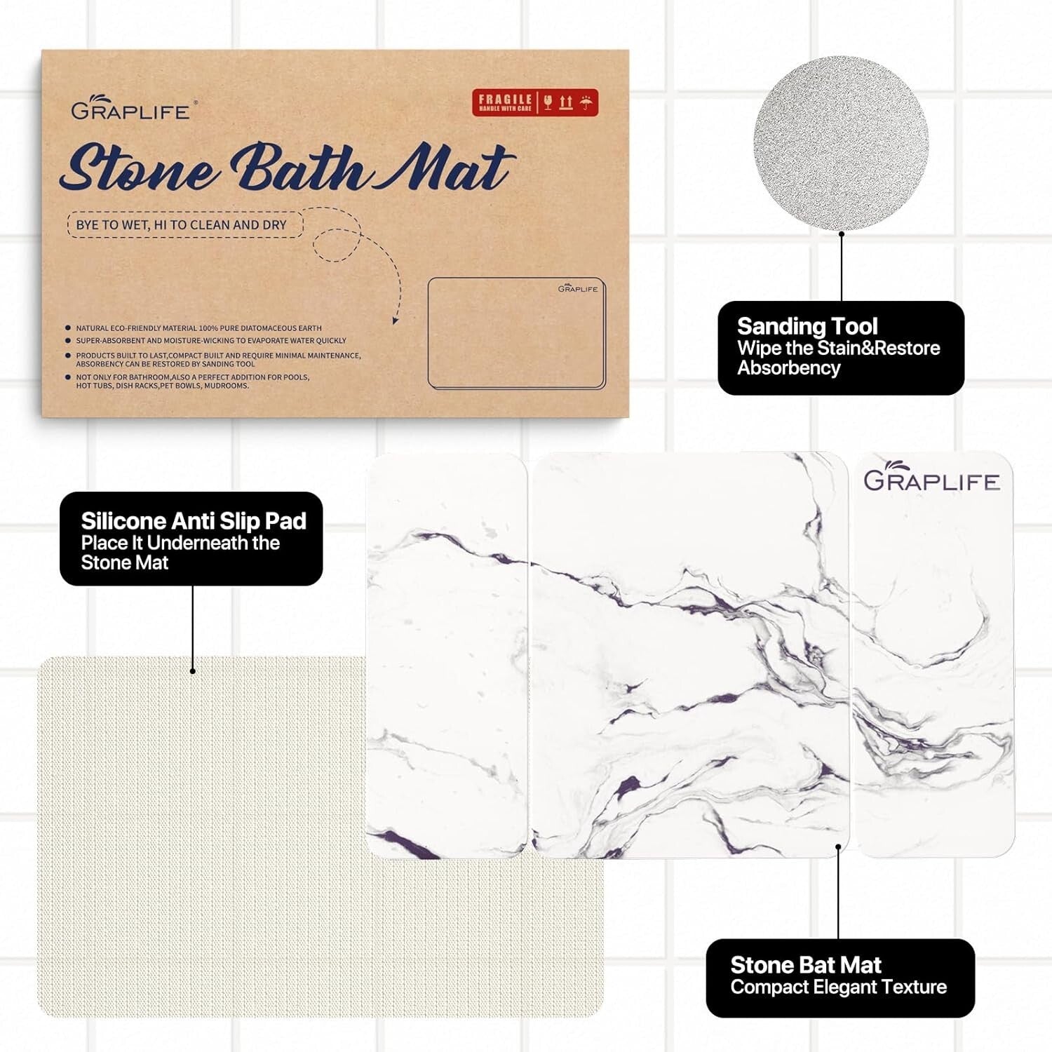 Diatomaceous Earth Non-Slip Bath Mat - 31.5X19.69" Fast-Drying White Elegance