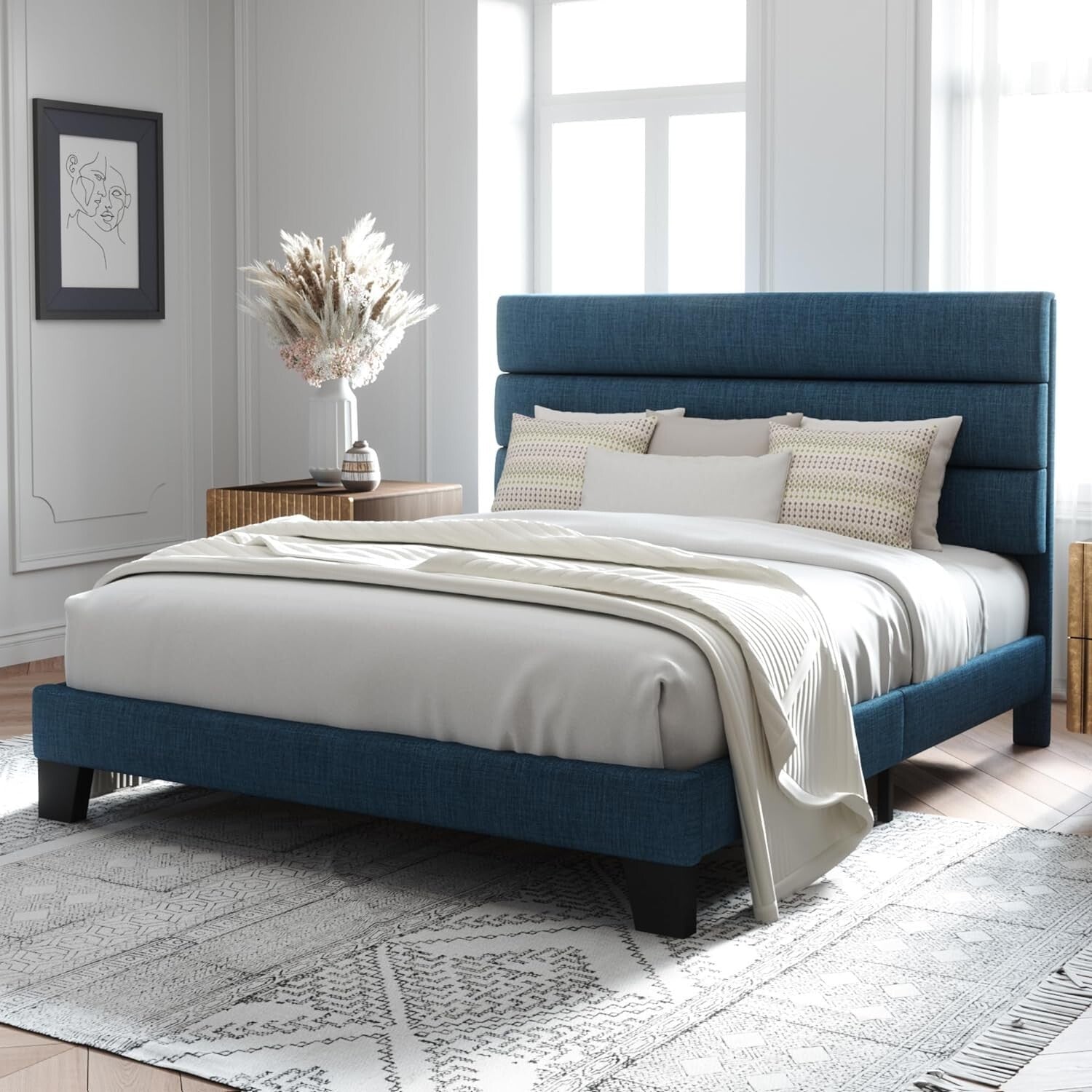 Elegant Navy Blue Full Size Bed Frame with Fabric Headboard - 800 lbs Capacity