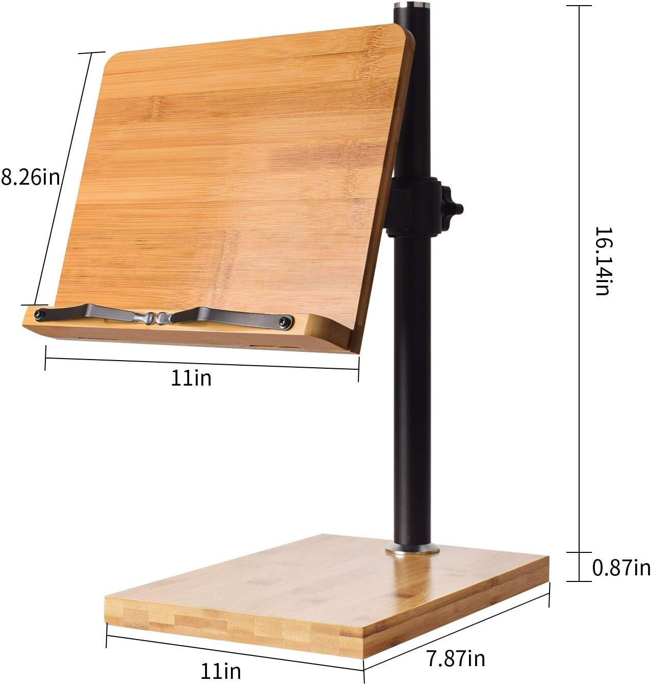 Height & Angle Adjustable Bamboo Book Holder with Page Clips - 11 x 8 Inches