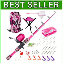 Load image into Gallery viewer, Beginner's Camo Pink Fishing Rod Kit - 65 Inch Telescopic Gear for Kids