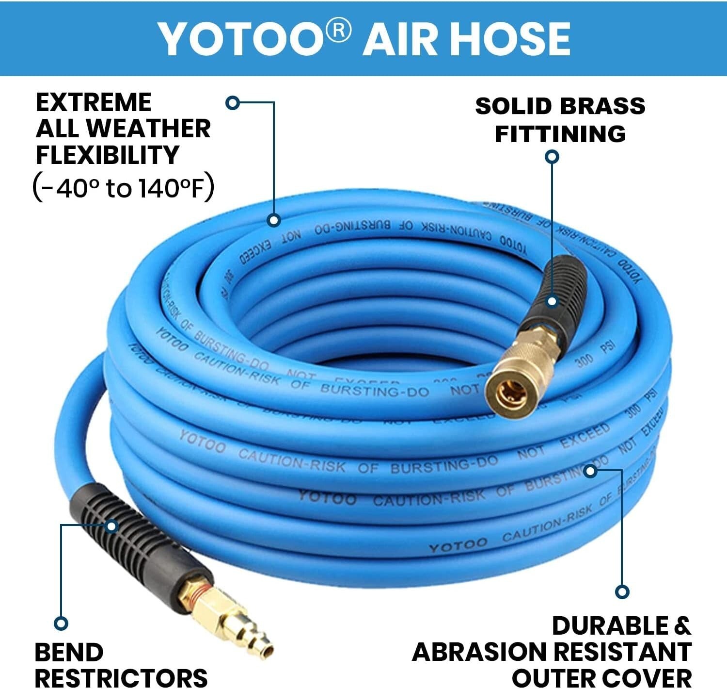 Heavy Duty 3/8-Inch Air Hose 100 Feet - Kink Resistant, Blue with Quick Couplers
