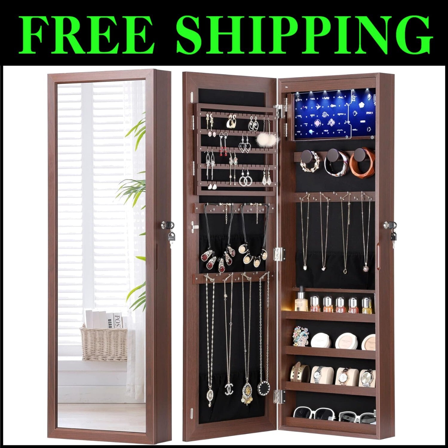 Stylish Brown LED Jewelry Organizer with Velvet Pockets - Perfect Christmas Gift