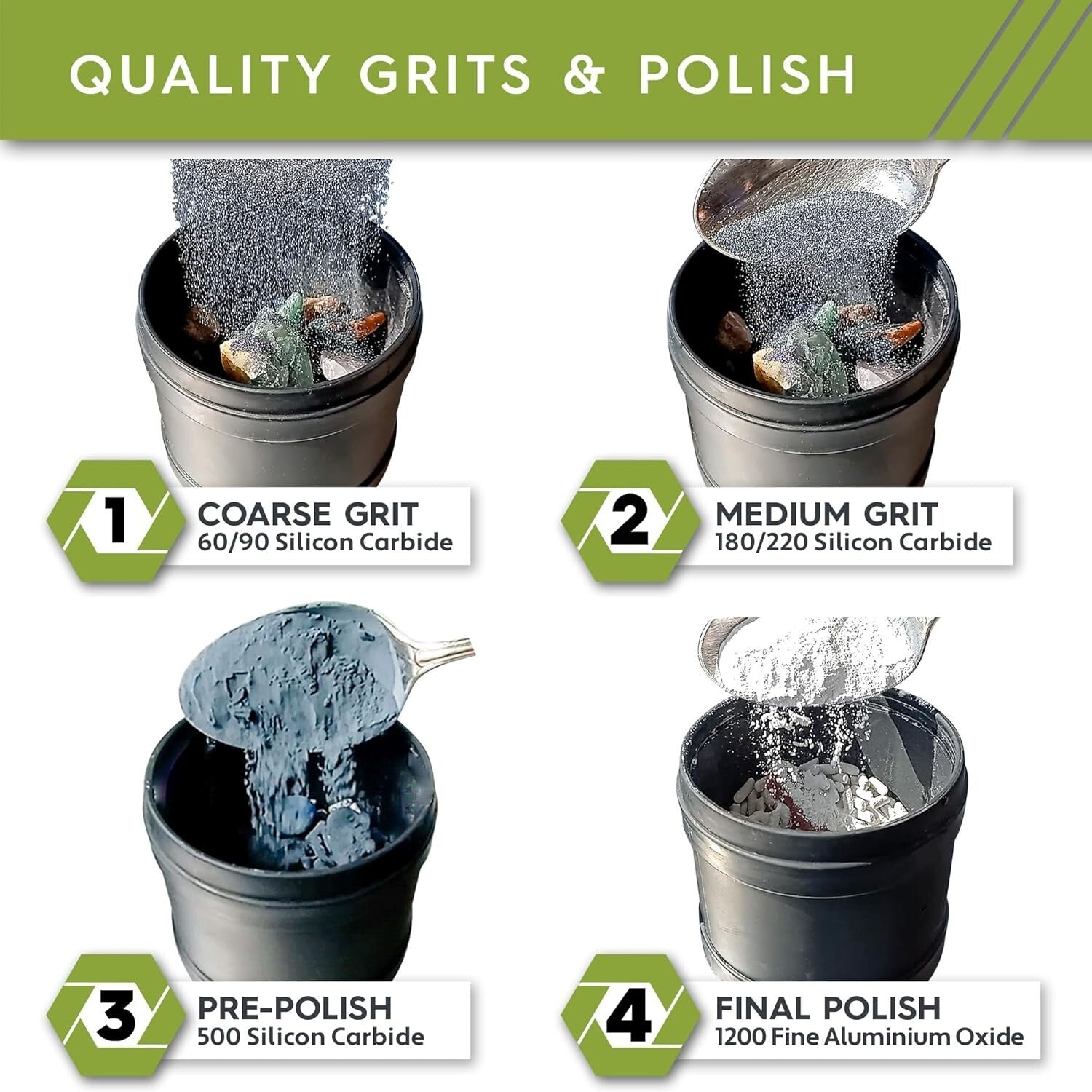 Complete Rock Tumbling Media Grit Kit with Premium Filler Pellets - USA Made