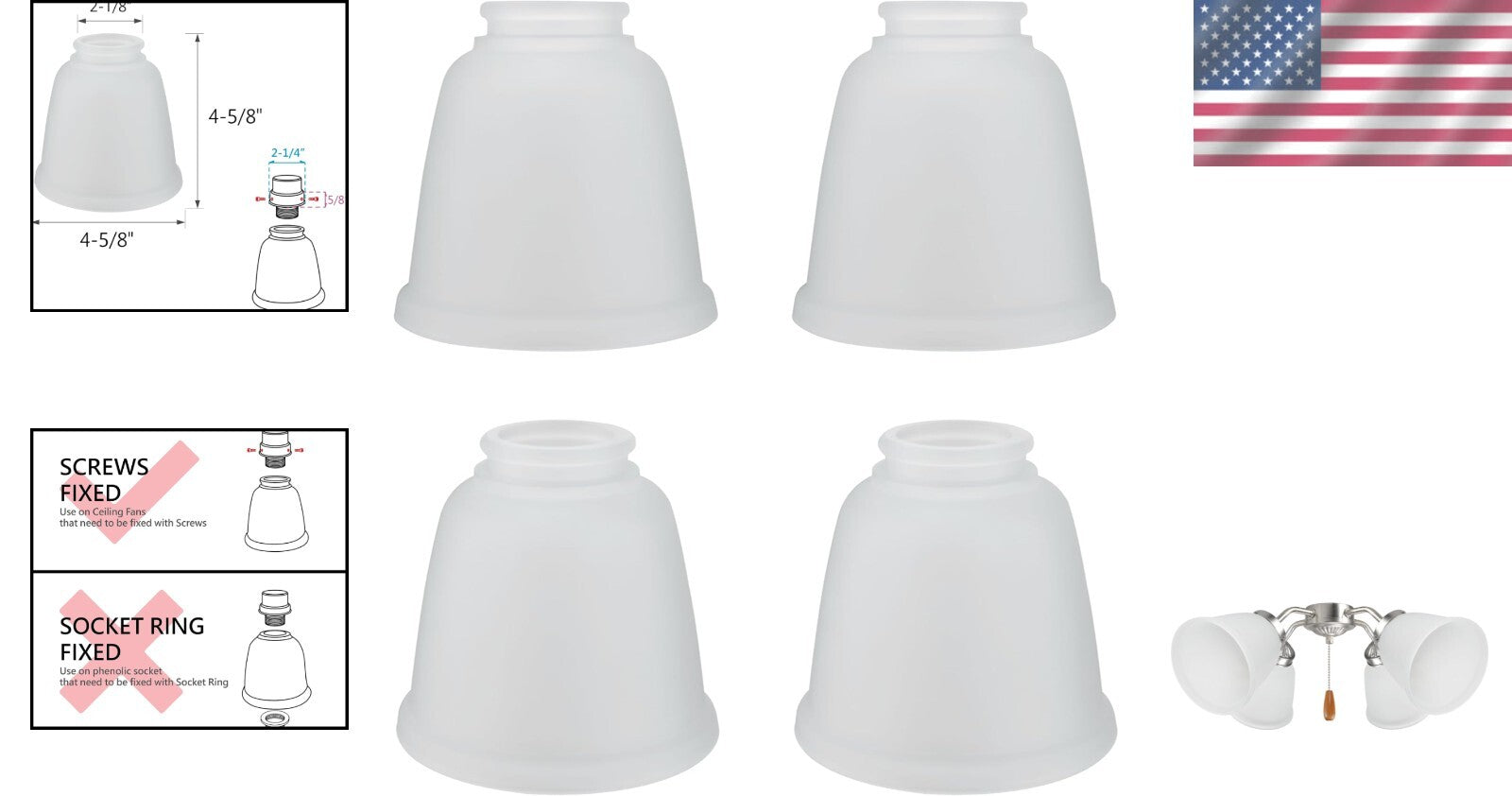 Durable 4-Pack Frosted Glass Shades for Ceiling & Pendant Lamps - Transitional