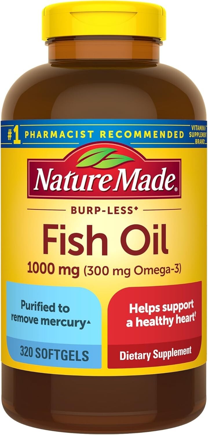 Purified 1000mg Omega-3 Fish Oil Softgels, 320 Count for Brain and Eye Health