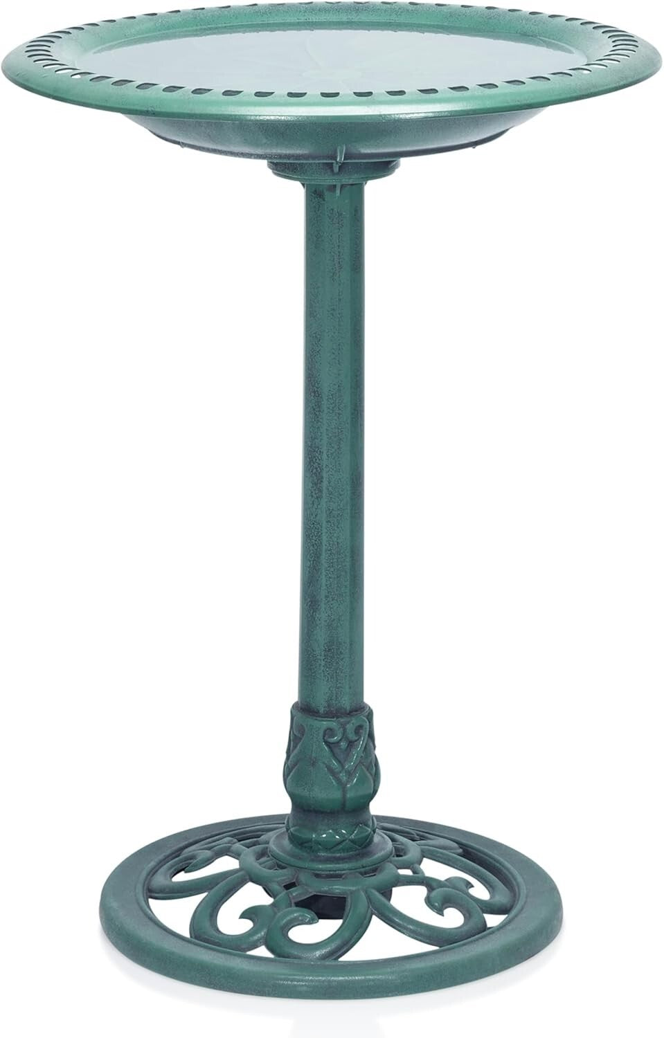 Elegant 28" Tall Outdoor Birdbath with Scrollwork - Aged Green Garden Accent