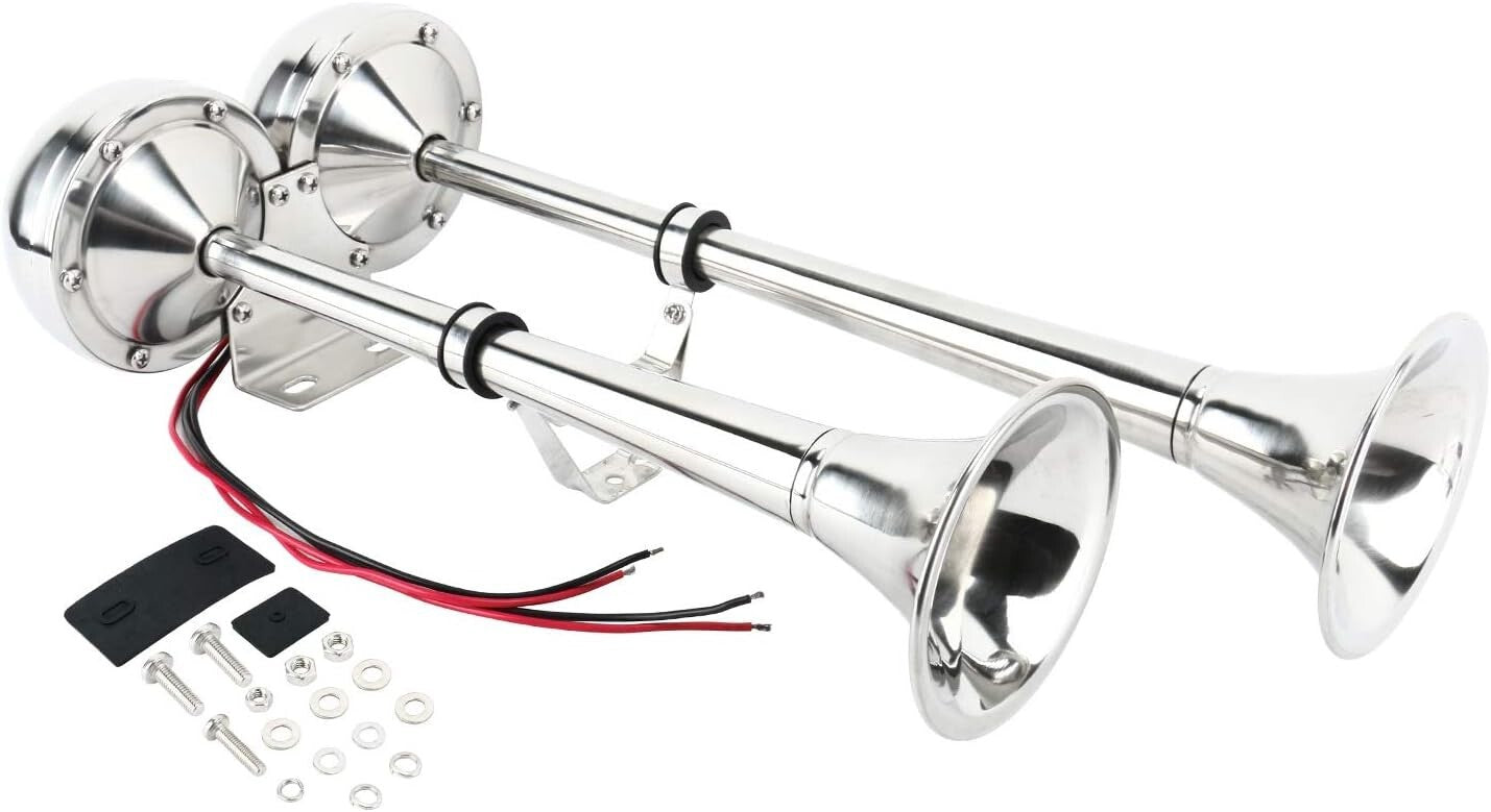 Durable Stainless Steel 12V Dual Trumpet Horn - 125dB for Marine & Auto Use