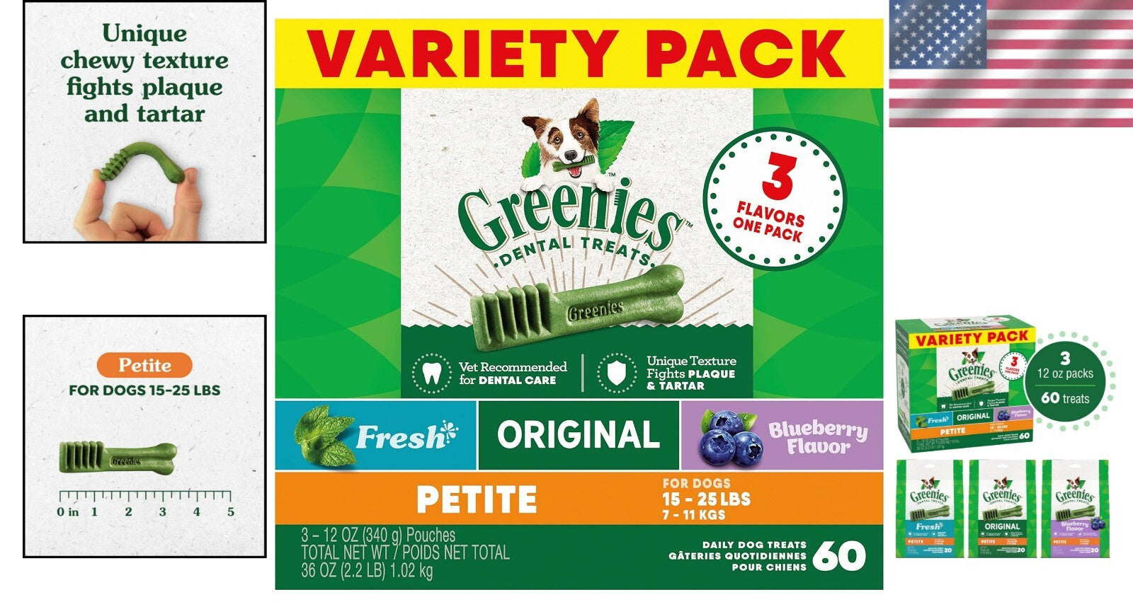 60 Piece Petite Dog Dental Treats - Minty Fresh & Blueberry Flavor for Care