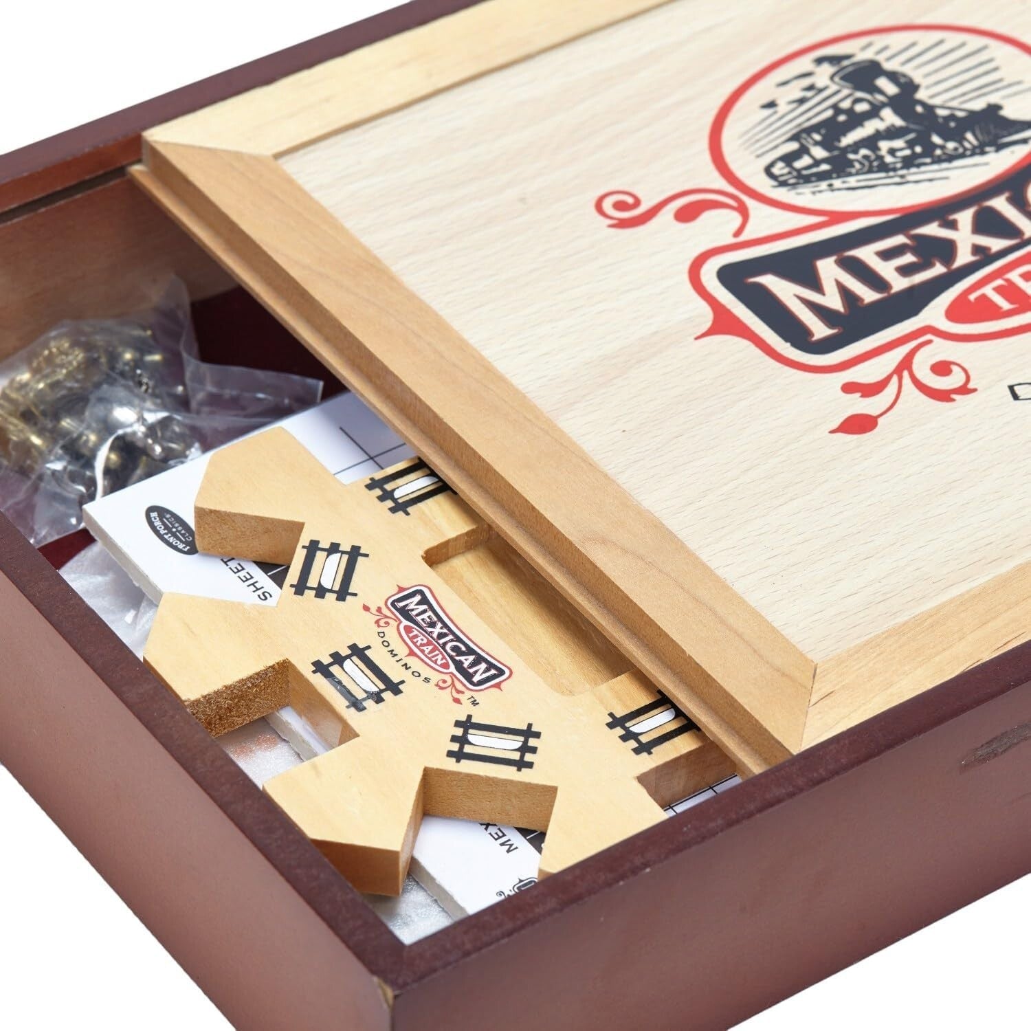Deluxe Double-12 Mexican Train Dominoes Set with Cast Metal Trains & Score Pad