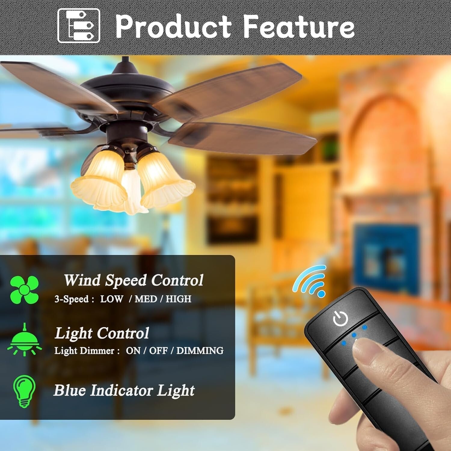 Ergonomic Universal Remote Kit for 3-Speed Ceiling Fans - Light Dimming Feature