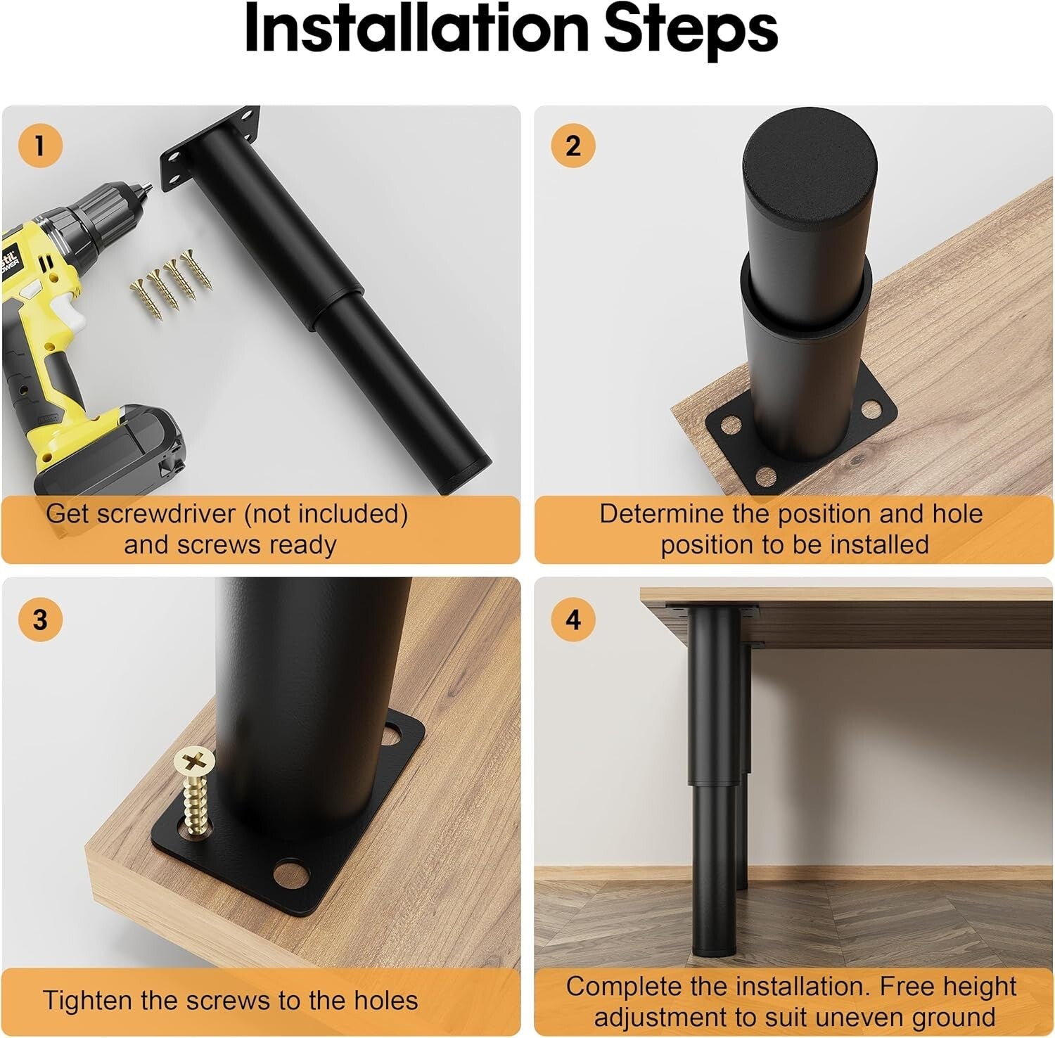 8 Heavy-Duty Adjustable Furniture Legs - Modern Black Metal Legs for Home Decor