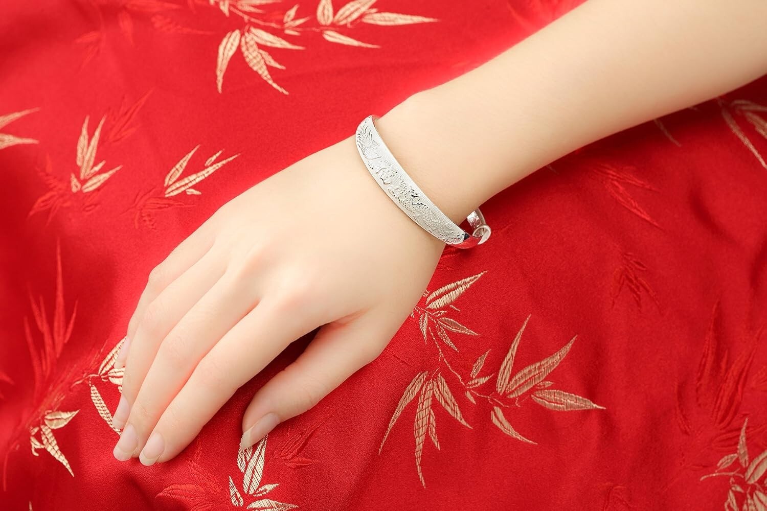 Elegant Women's 999 Silver Bracelet - Adjustable Dragon and Phoenix Charm Bangle