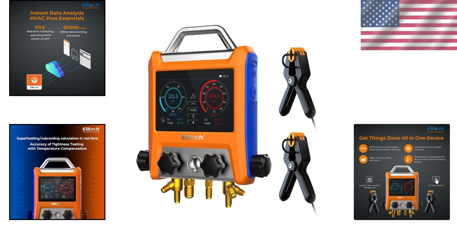 Digital 4-Valve HVAC Manifold Gauge with Smart Touch Screen & App Integration