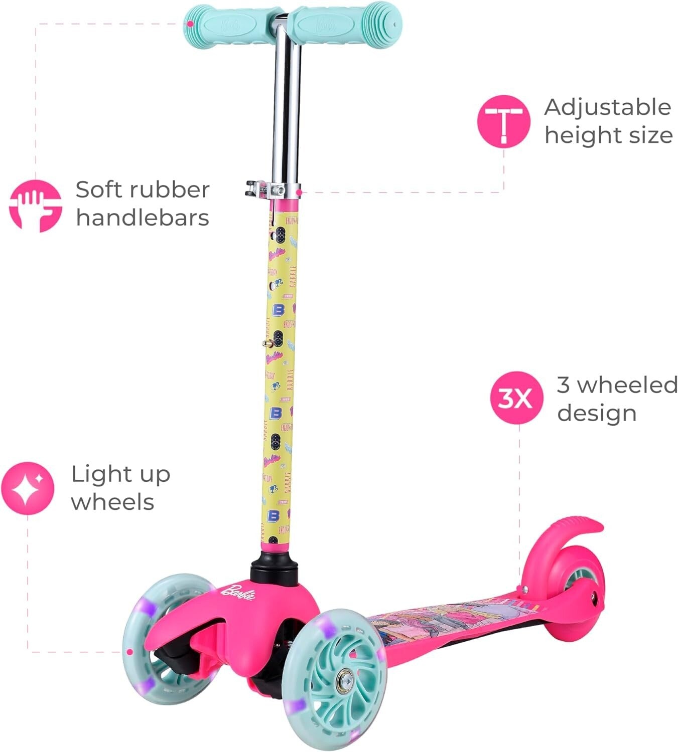 Durable & Fun Barbie Kids Scooter with Light-Up Wheels - Ages 3-7, Lean-to-Steer