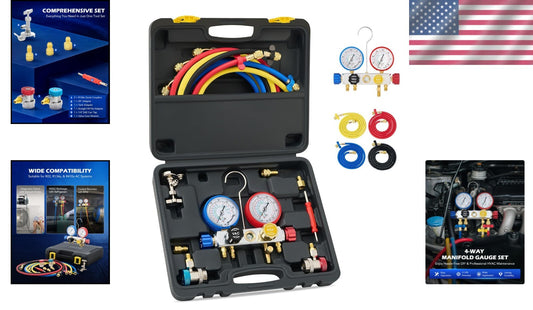 Automotive AC Diagnostic Tool Set with Color-Coded Hoses & Pressure Gauges