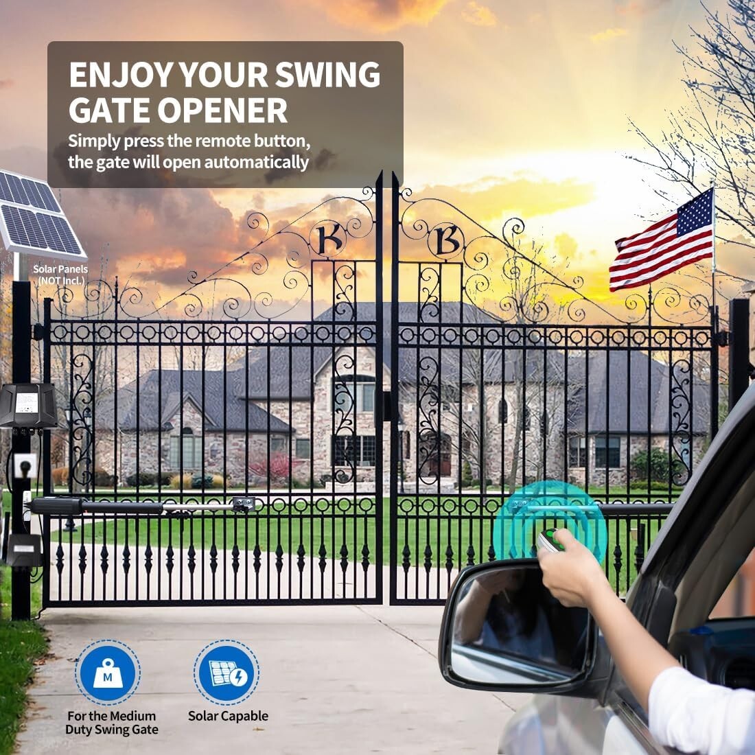 Automatic Dual Swing Gate Motor - 16ft, 550lbs with Remote Control & Solar Ready