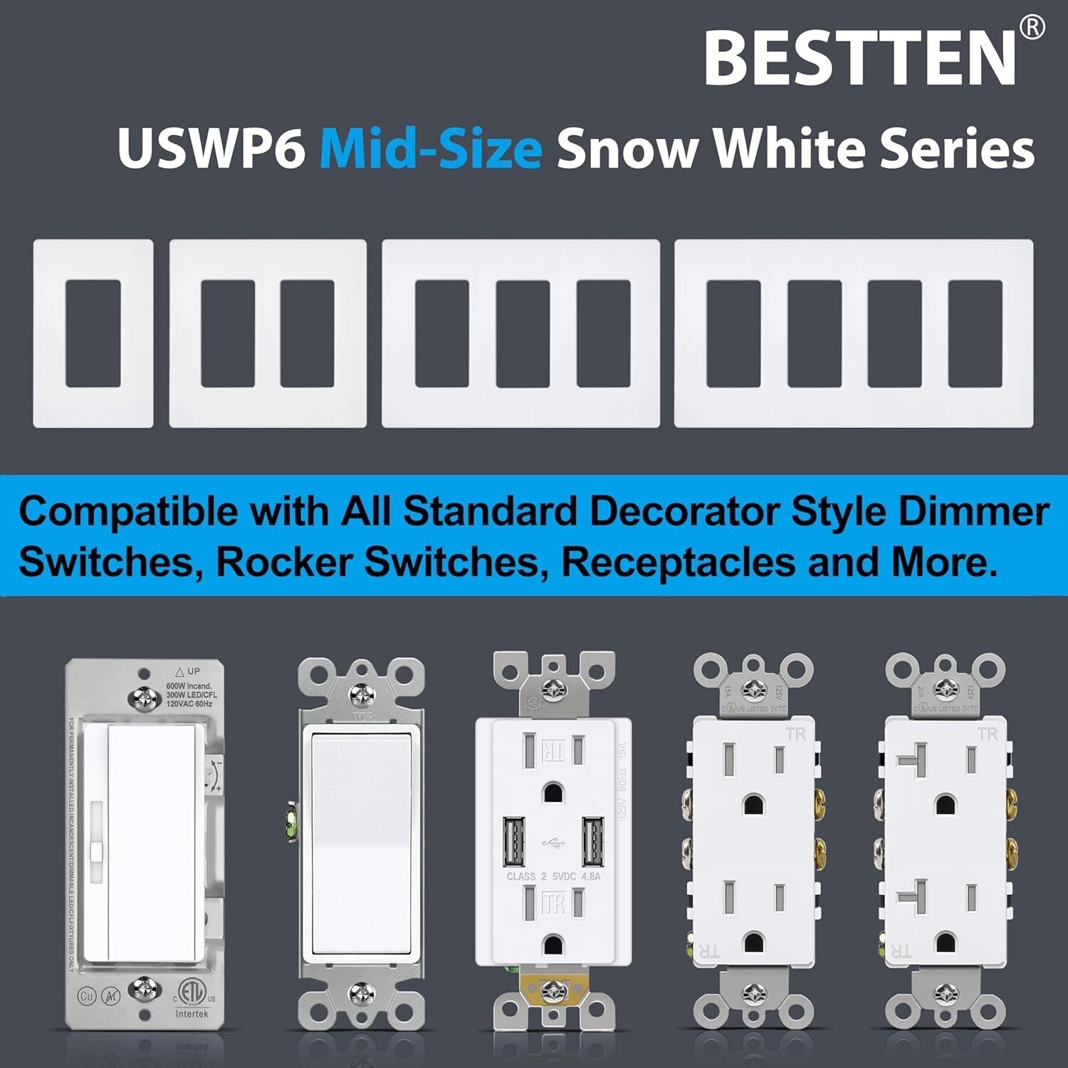 40-Pack Modern Screwless Mid-Size Outlet Covers | Gloss Snow White Finish