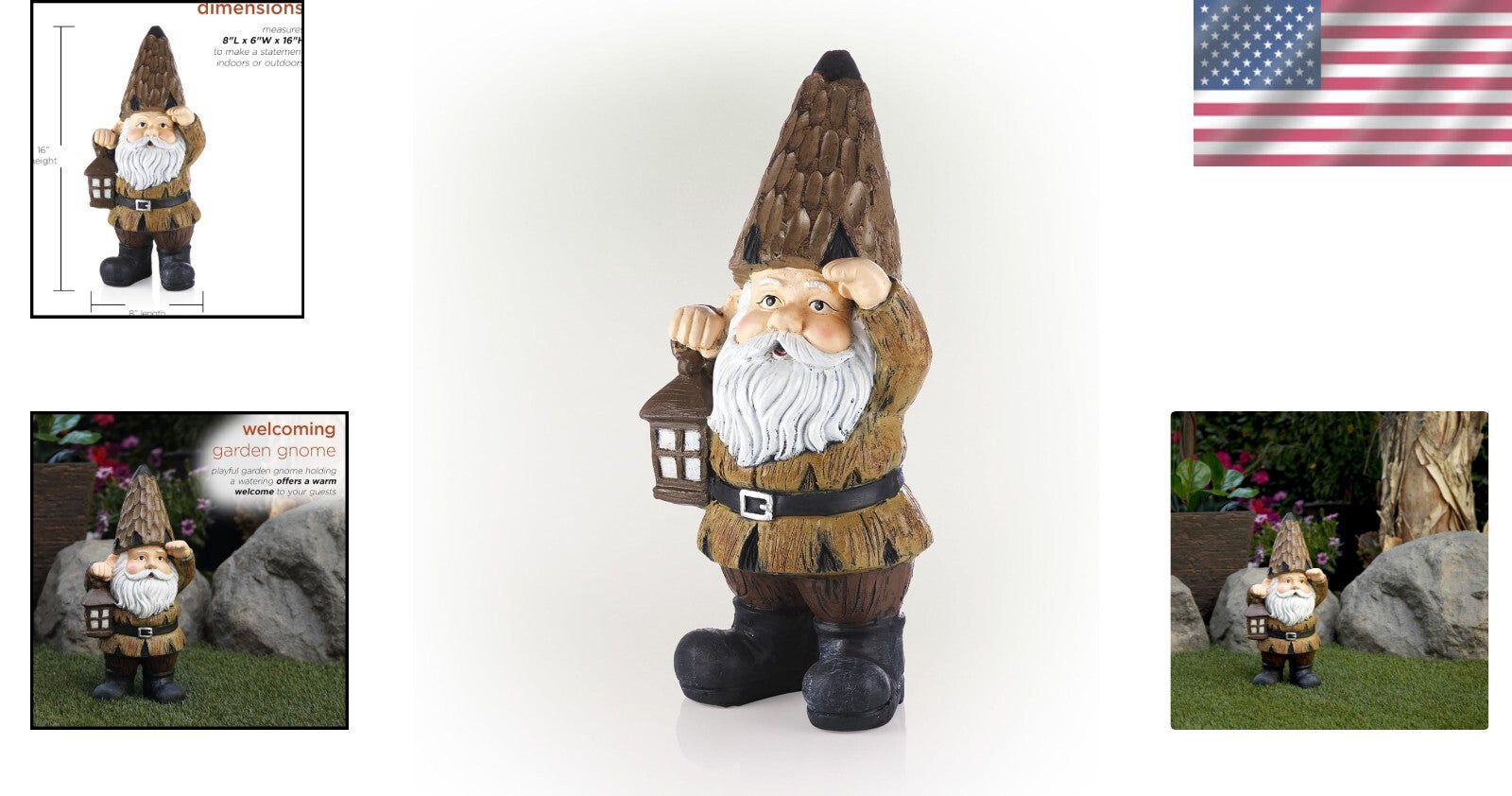 Durable Indoor/Outdoor Gnome with Lantern - 16" Brown Statue for Gardens