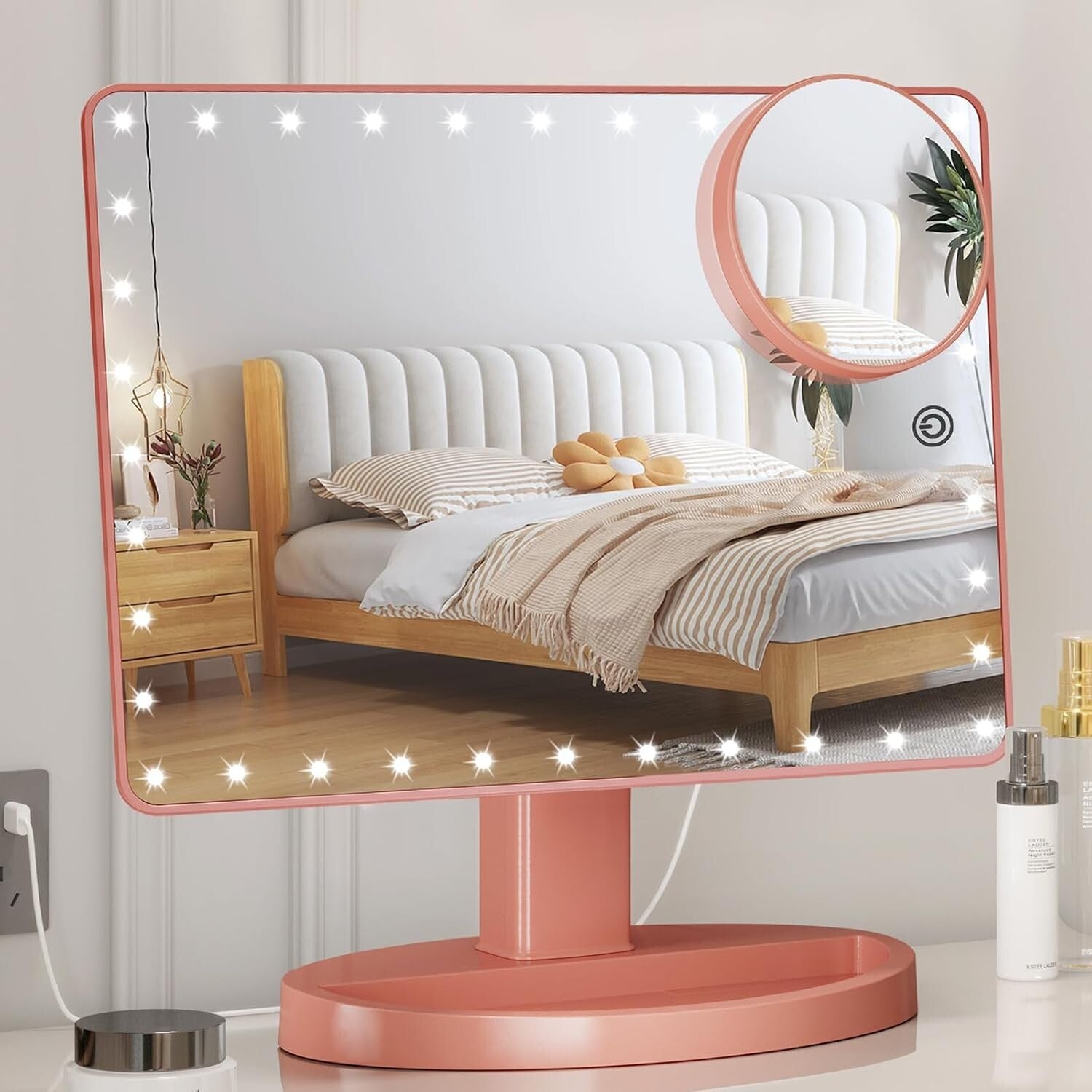 Large Lighted Makeup Mirror with 10X Magnification & 360° Rotation in Rose Gold
