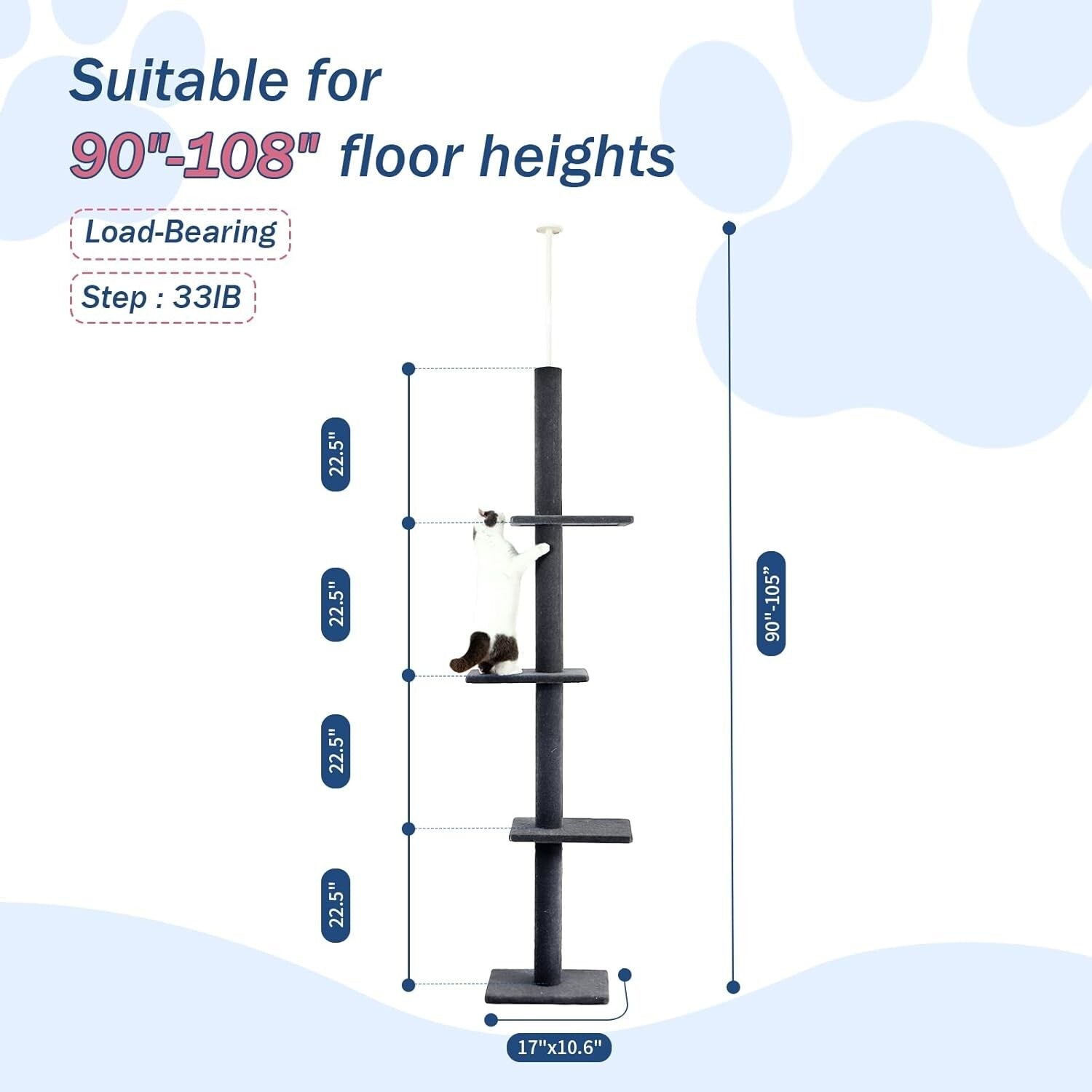 Indoor Adjustable Cat Tower 95-108” - Promote Climbing & Scratching Healthy Play