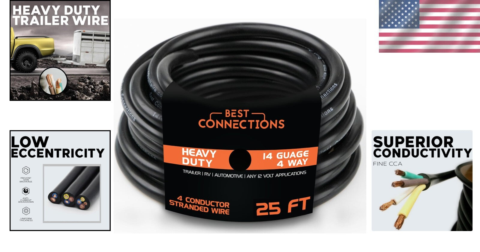 Flexible 14 Gauge 4-Way Trailer Wiring - 25 Ft Multi-Strand Insulated Cord