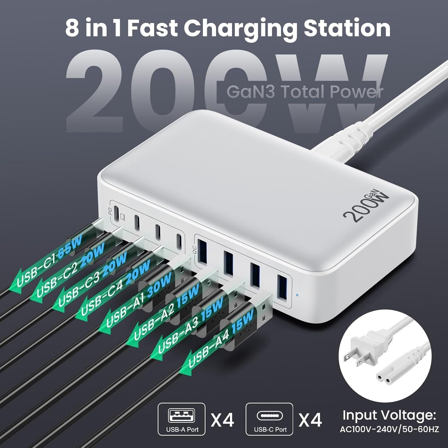 Fast 200W USB C Charging Station with 8 Ports - Ideal for Multiple Devices