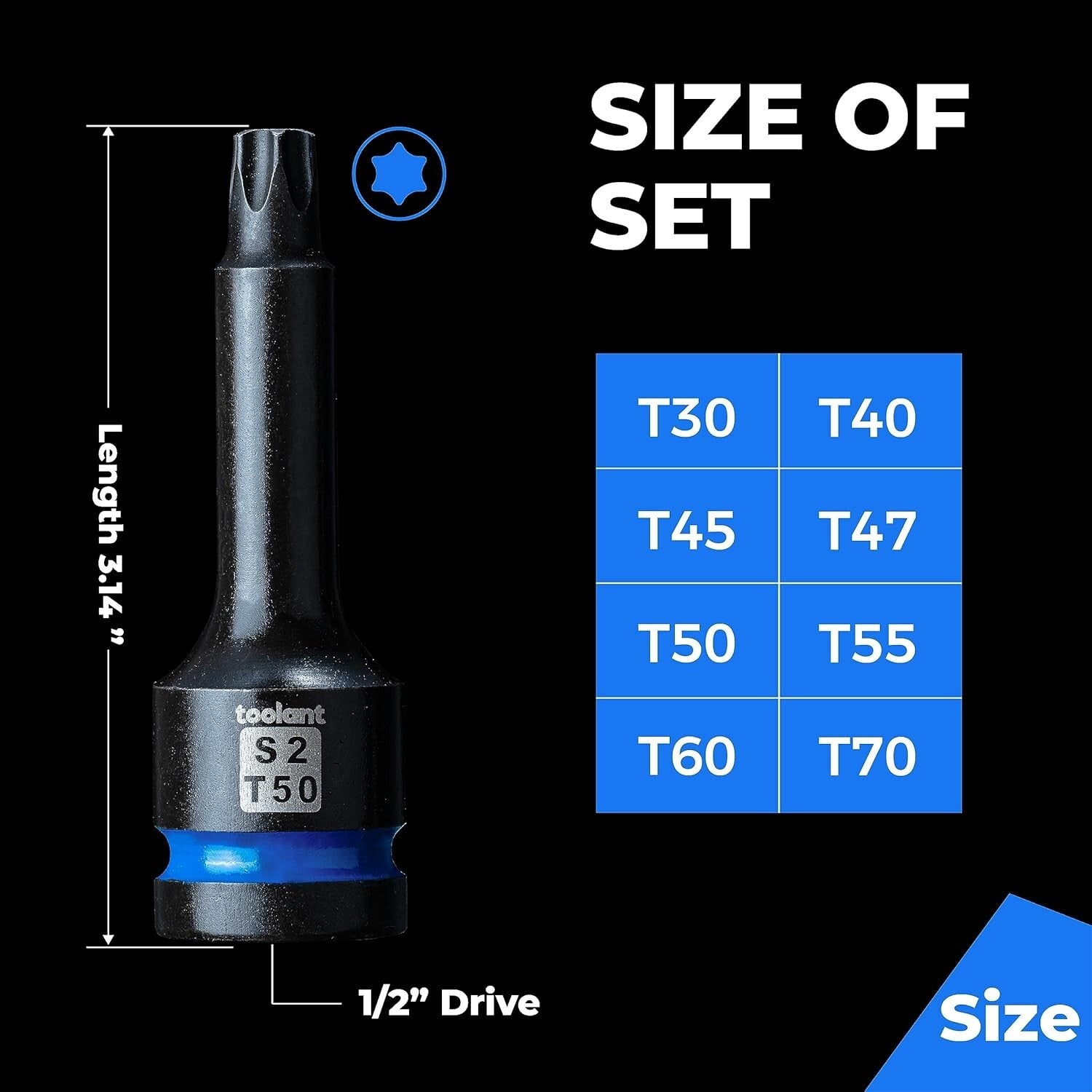 Impact-Resistant Torx Bit Socket Set - 8 Pieces T30-T70 with High Strength Steel