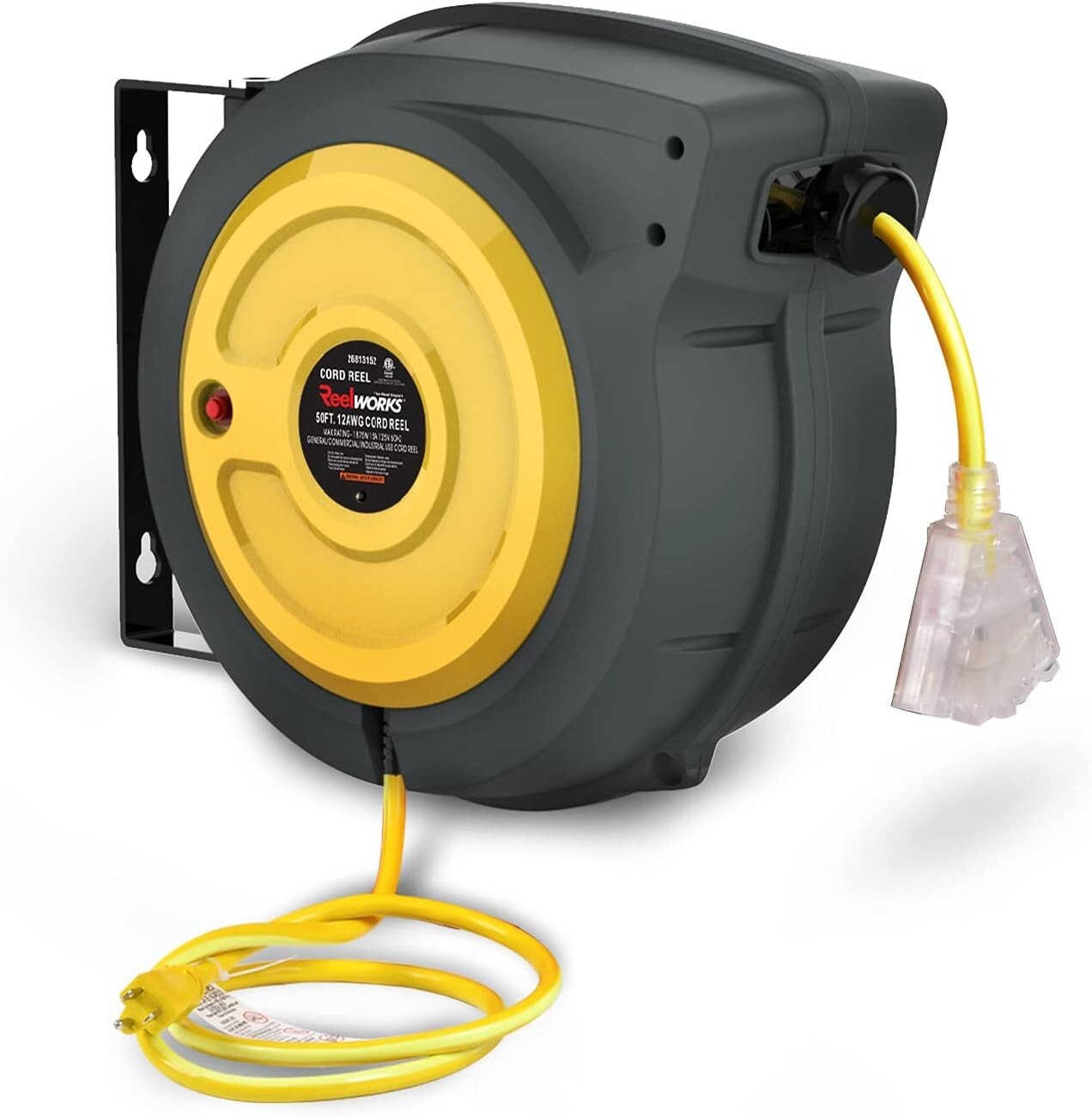 Durable 50ft SJTOW Extension Cord Reel - UV Resistant with Adjustable Stopper