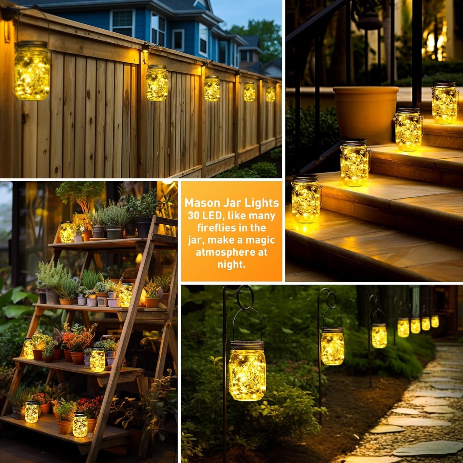 Hanging Solar Lanterns - 30 LED Fairy Lights in Waterproof Mason Jars, 12-Pack