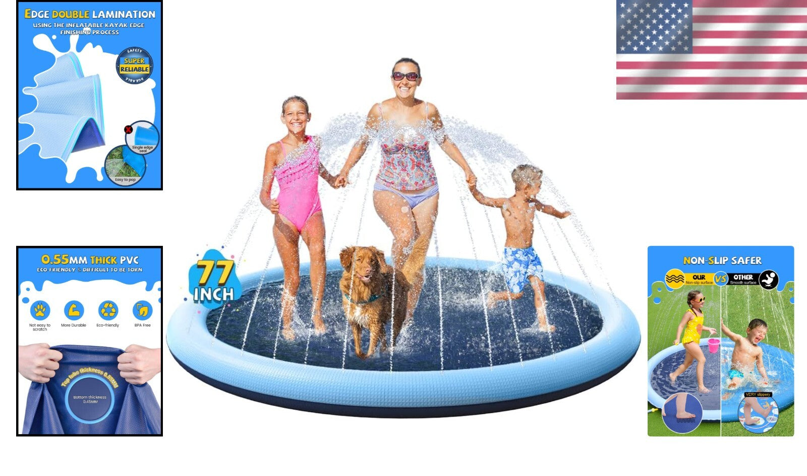 Extra Thick 77-Inch Splash Pad - Safe, Fun Water Play Mat for Kids and Pets