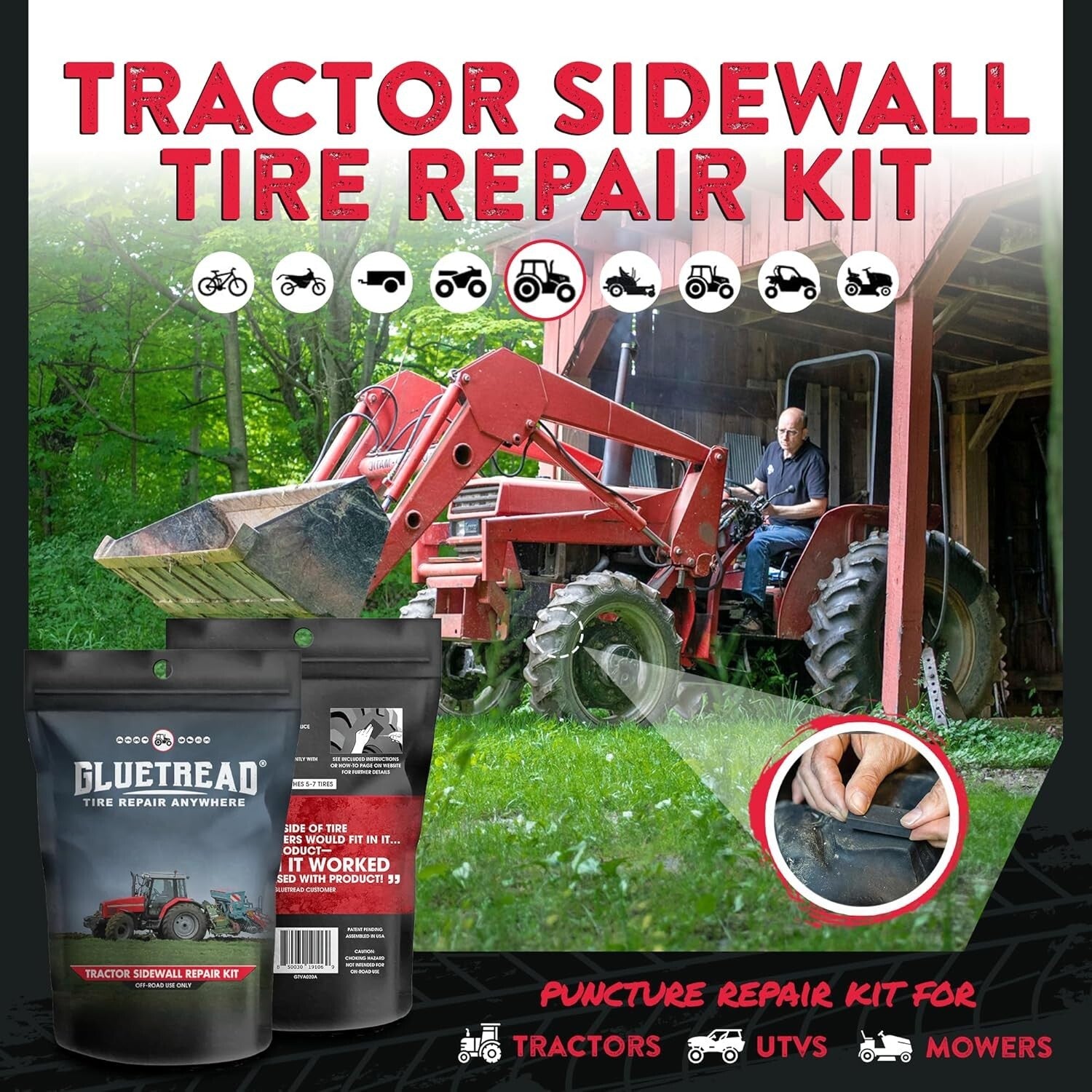 GlueTread Off-Road Tire Repair Kit - Fix 5-7 Trailers & Tractors Anywhere