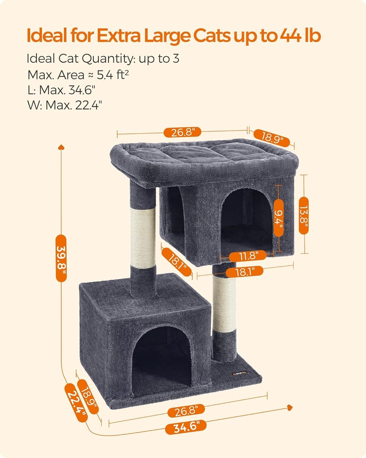 Smoky Gray 39.8" Cat Tower with Large Perch and Two Cat Caves - Stable & Durable