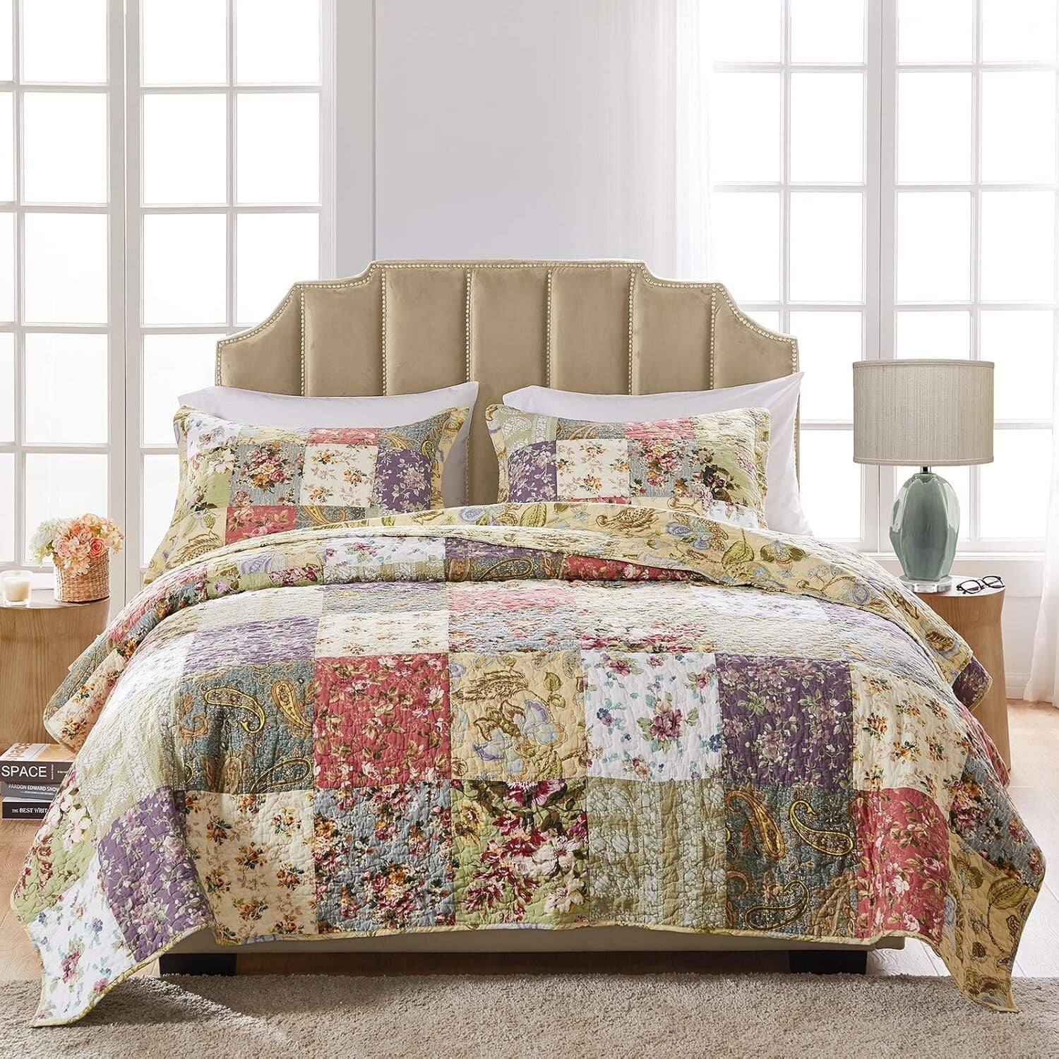 Blooming Prairie 100% Cotton Reversible Quilt Set - Twin/XL Floral Patchwork