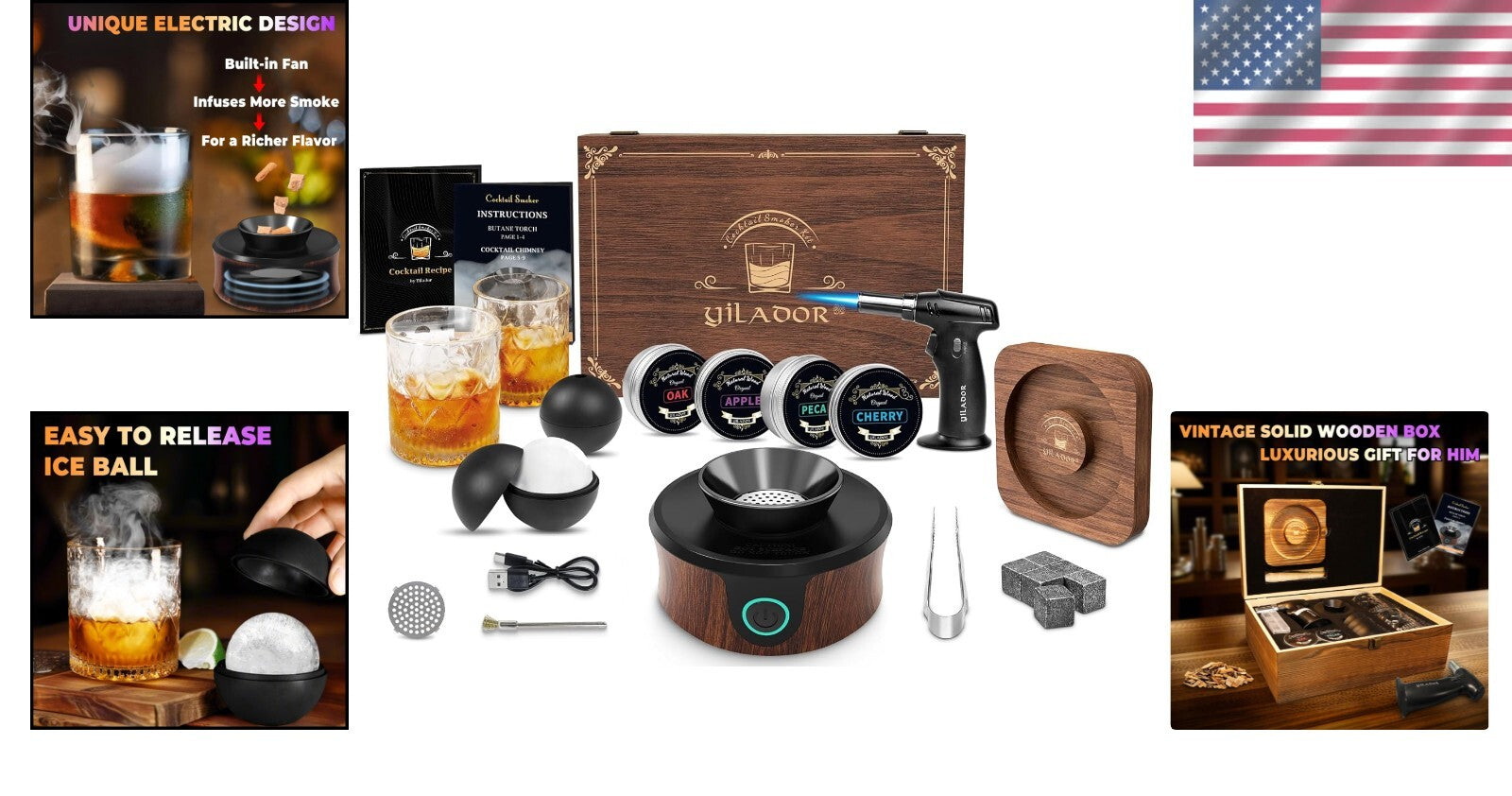 Premium Whiskeys Smoker Kit with Salt Rimmer in Elegant Wooden Box – Ideal Gift