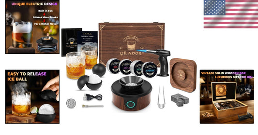 Premium Whiskeys Smoker Kit with Salt Rimmer in Elegant Wooden Box – Ideal Gift