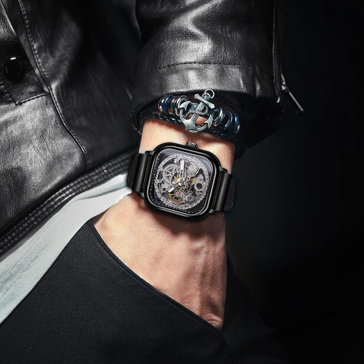 Elegant Men's Skeleton Wristwatch with Flower Movement Carving & Stainless Steel