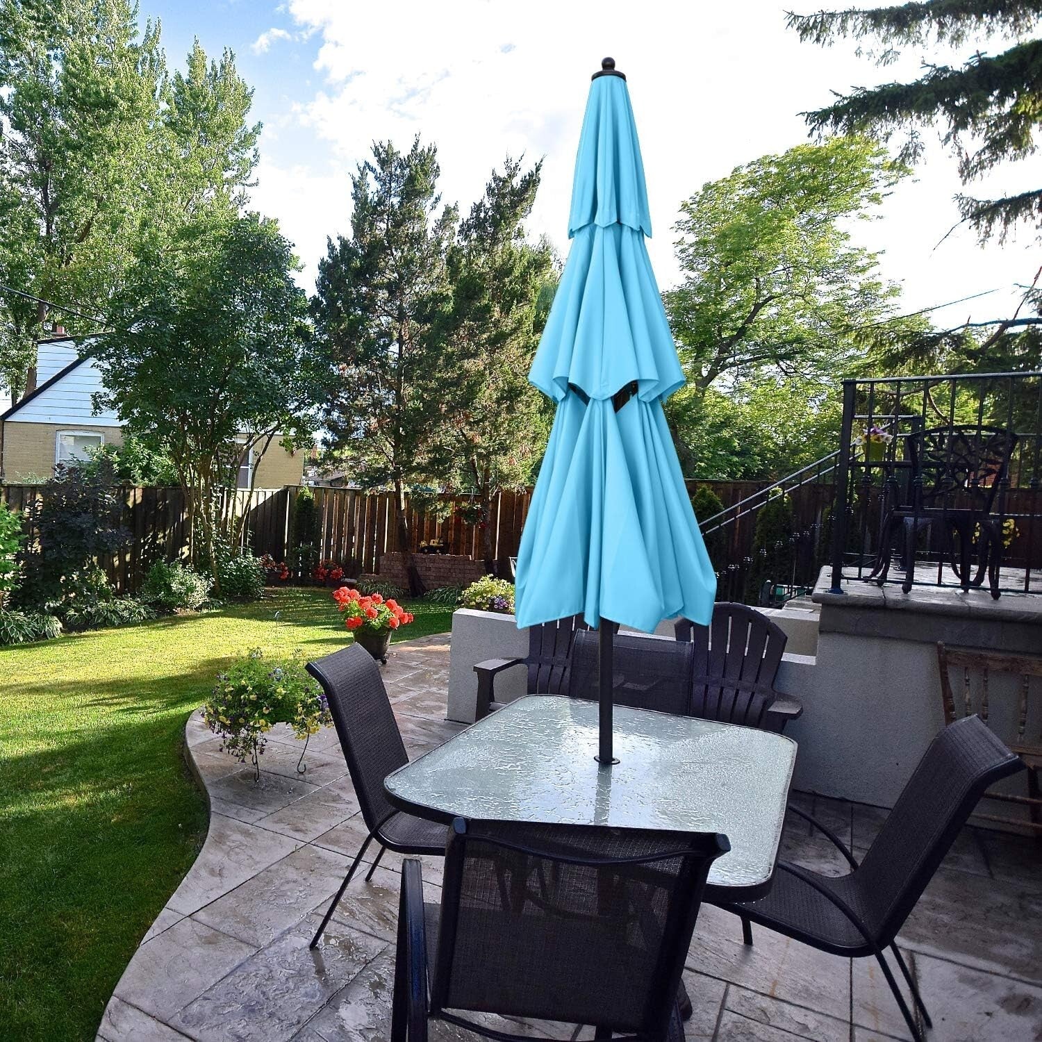 9FT Waterproof Patio Umbrella - 3-Tier Turquoise Shade for Outdoor Relaxation