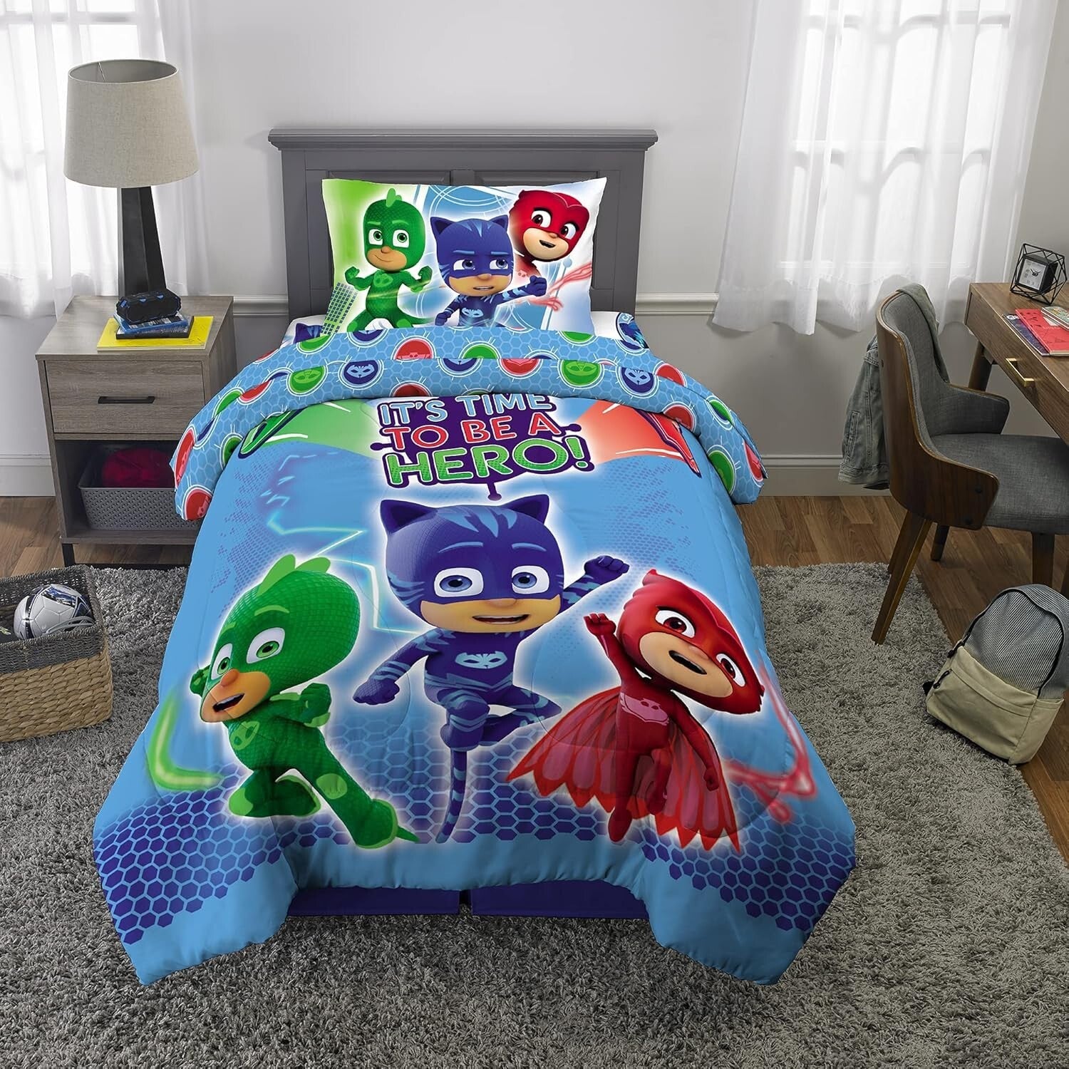 Twin Size PJ Masks Reversible Comforter and Sheet Set - 4 Piece Adventure Set
