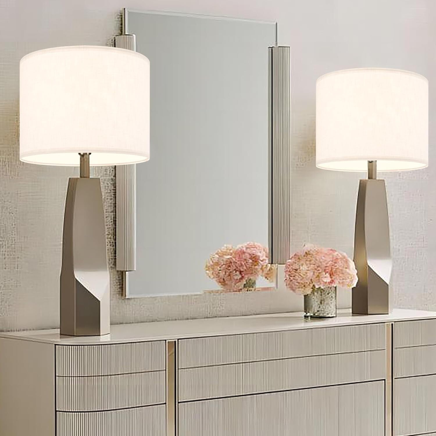 Easy Assembly White Linen Drum Lampshades - 16" Large Set of 2 for Versatile Use