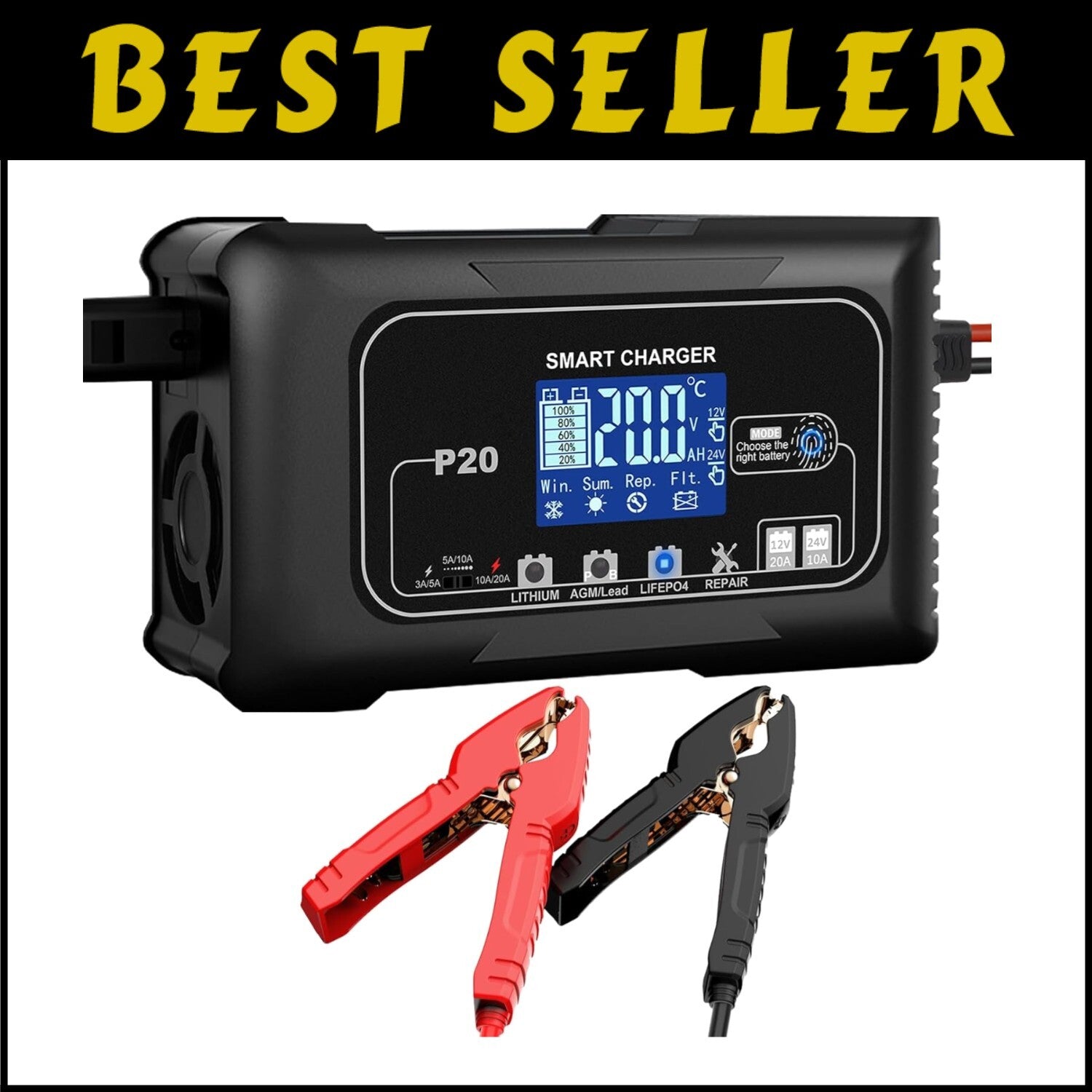 Versatile 12V/24V Battery Charger with 3 Adjustable Gears and Safety Features