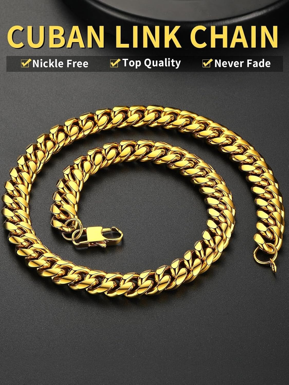 14K Gold Plated Cuban Link Necklace for Men - Adjustable Length, Multiple Widths