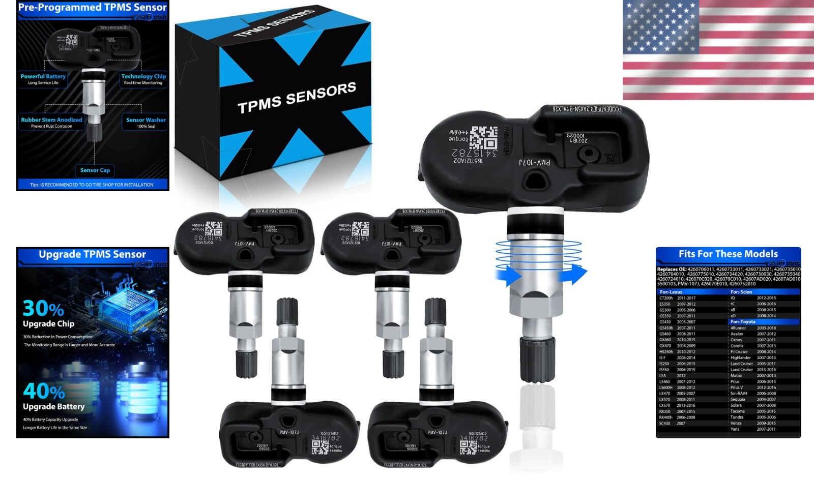 Durable Tire Pressure Sensors - Pre-Programmed for 2004-2016 Toyota & Lexus