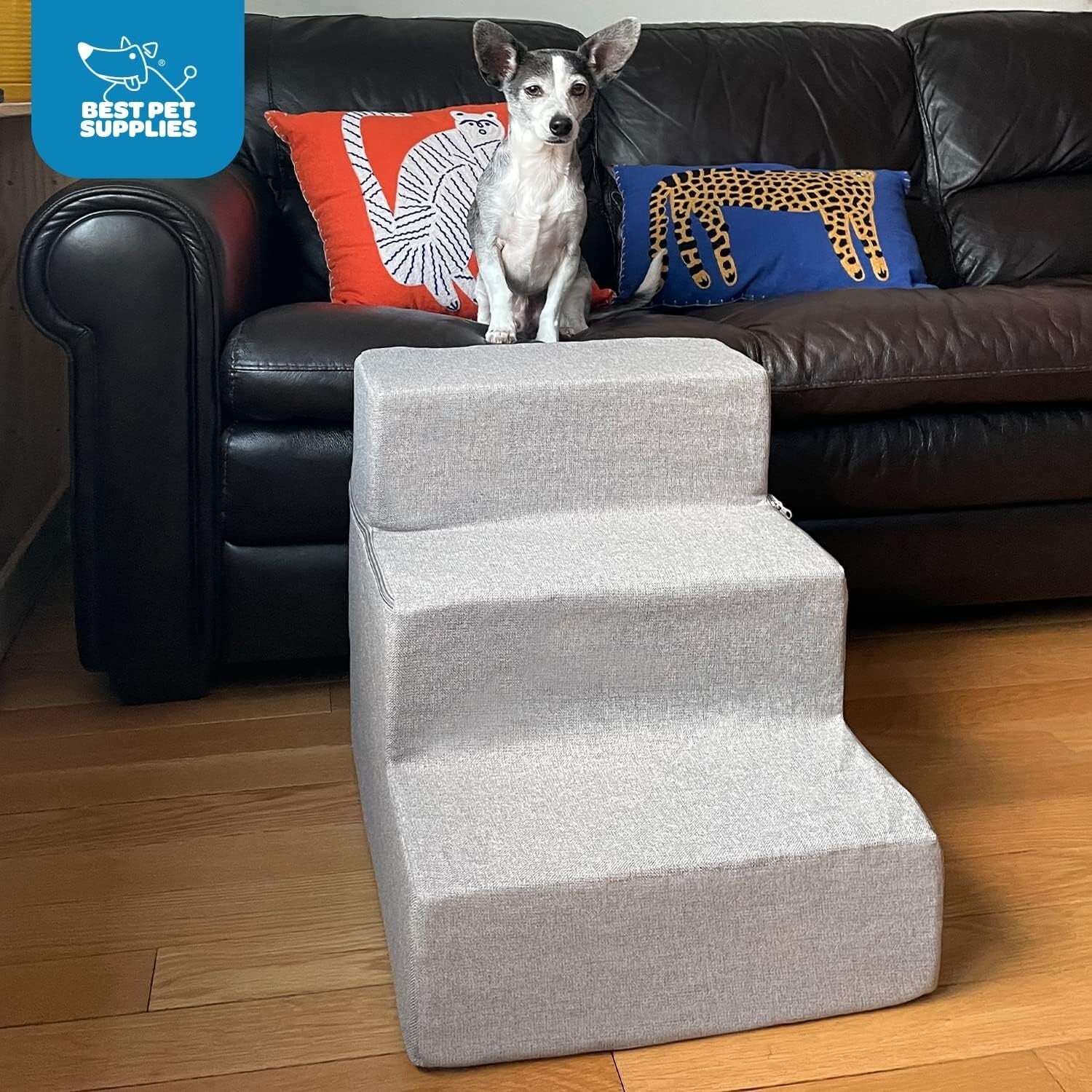Elegant Non-Slip 3-Step Foam Pet Ladder for Small Dogs and Cats - Gray Linen